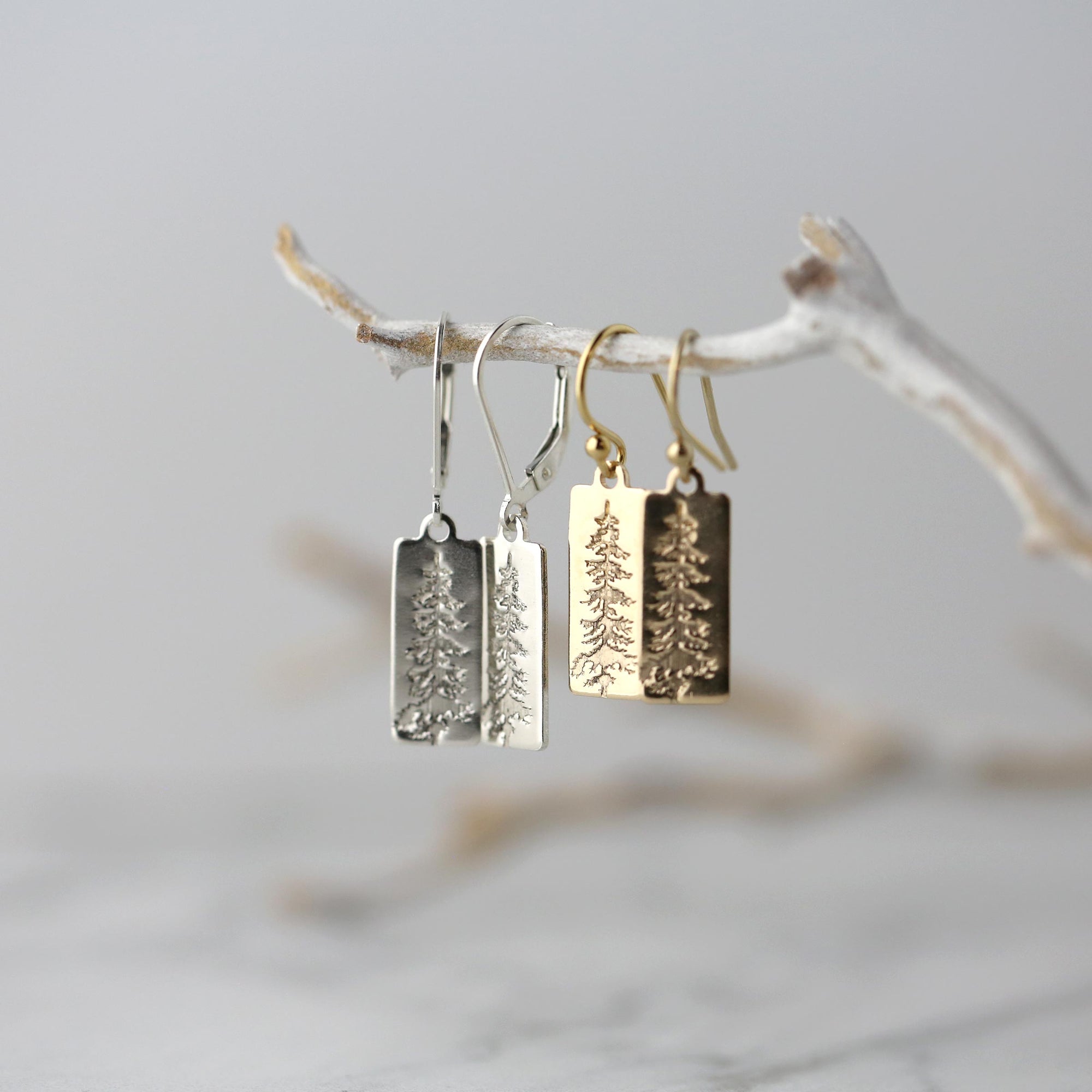 Evergreen Tree Tag Earrings jewelry handmade by Burnish