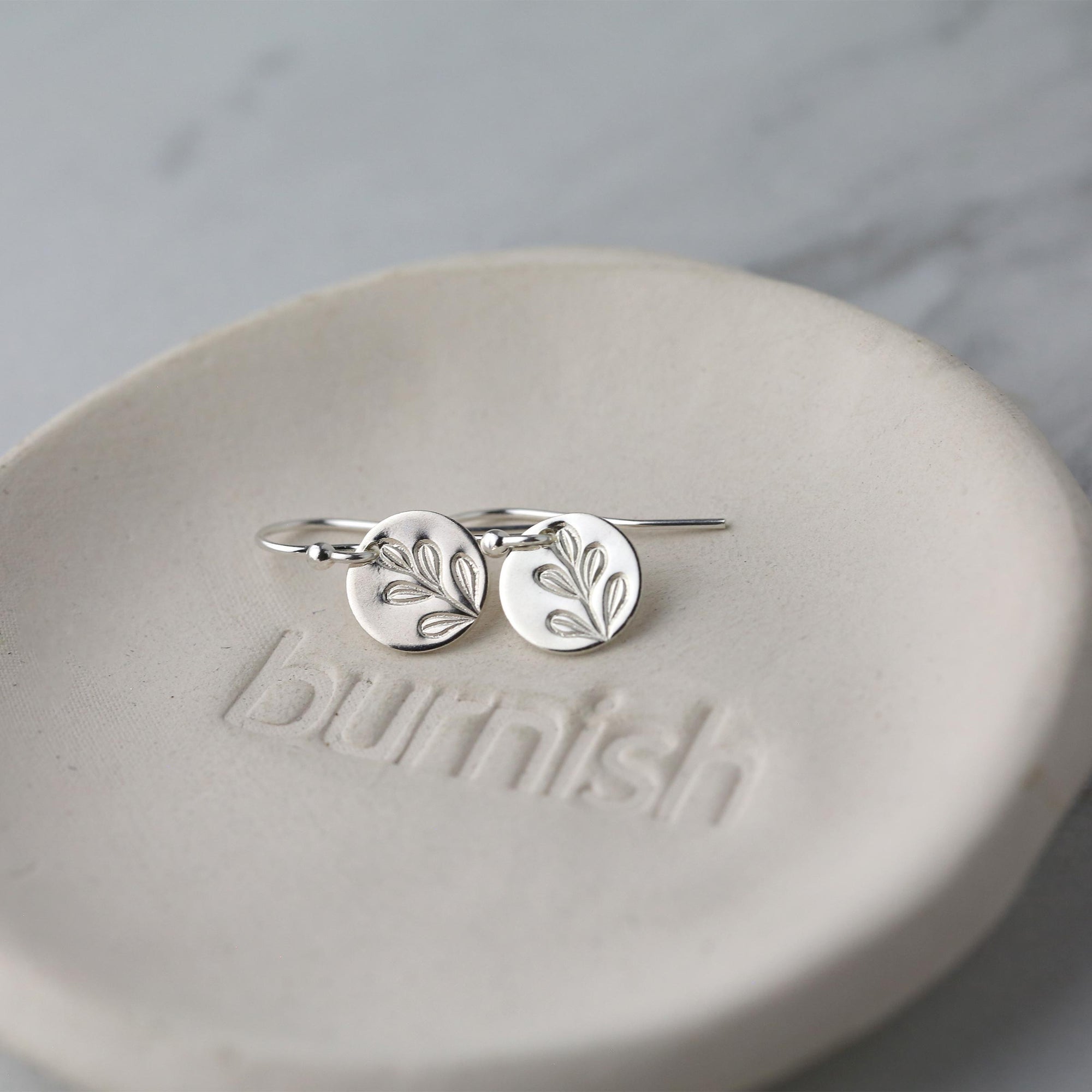 Stamped Botanical Tiny Disc Earrings jewelry handmade by Burnish