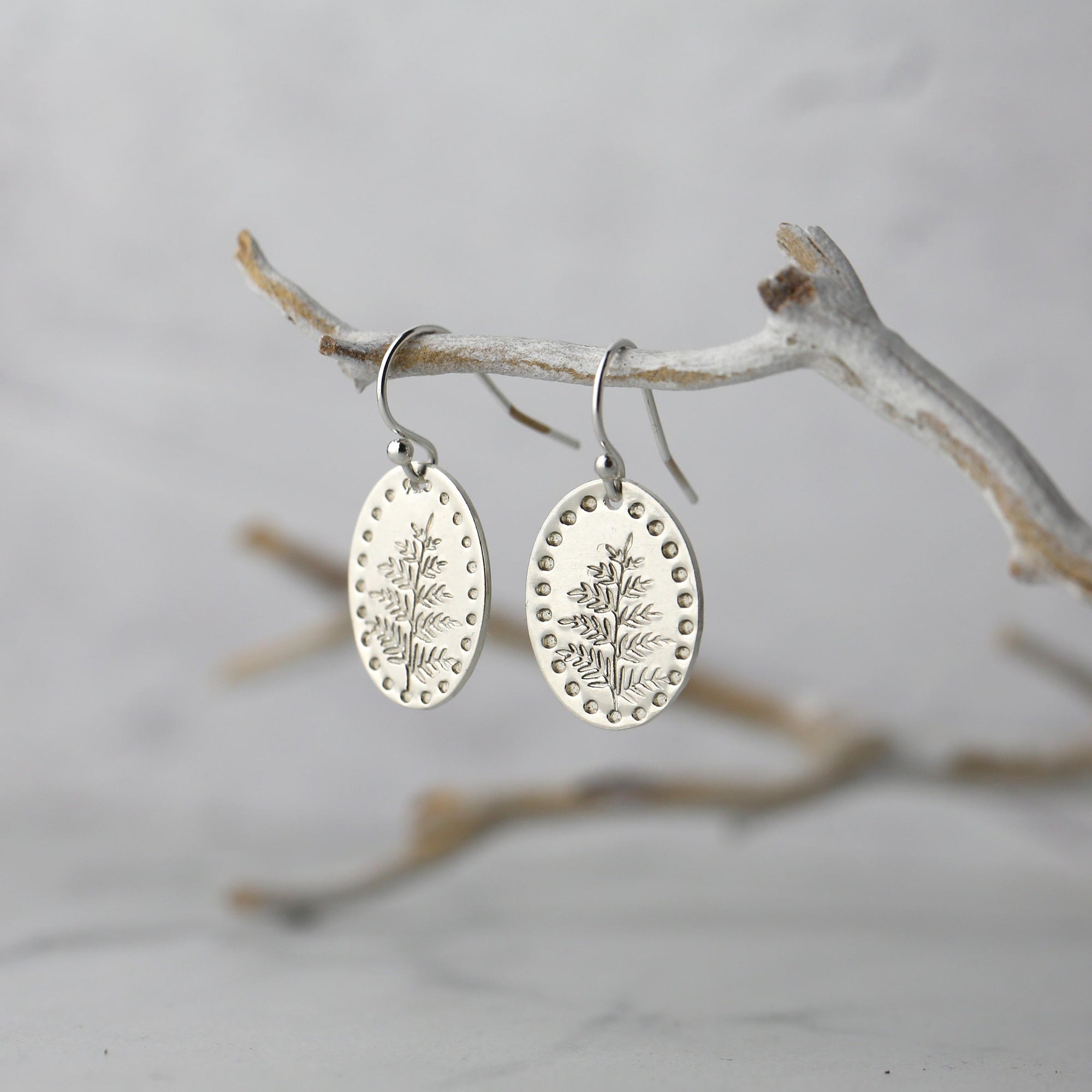 Silver Oval Stamped Leaf Earrings jewelry handmade by Burnish