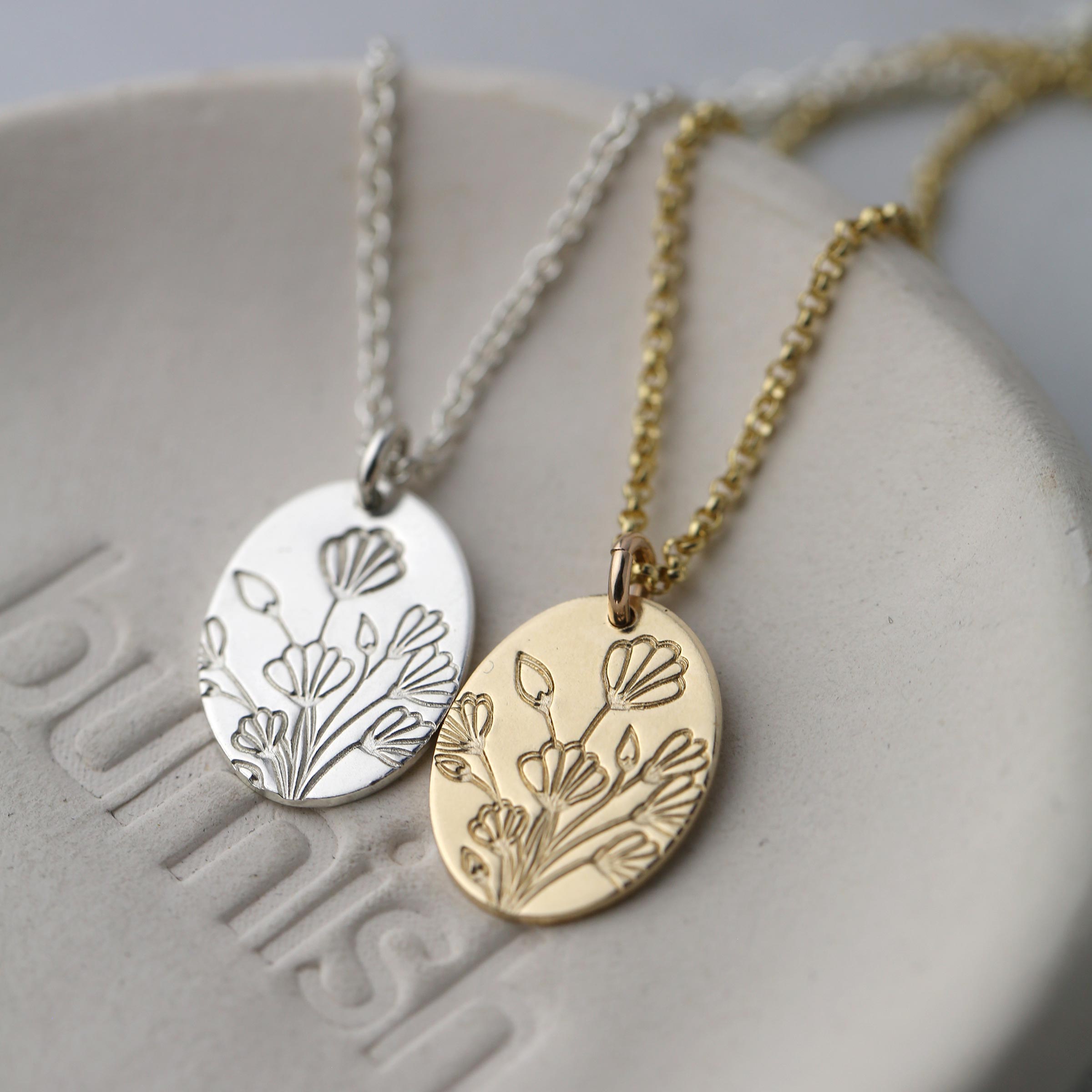 Hand Stamped Floral Oval Necklace