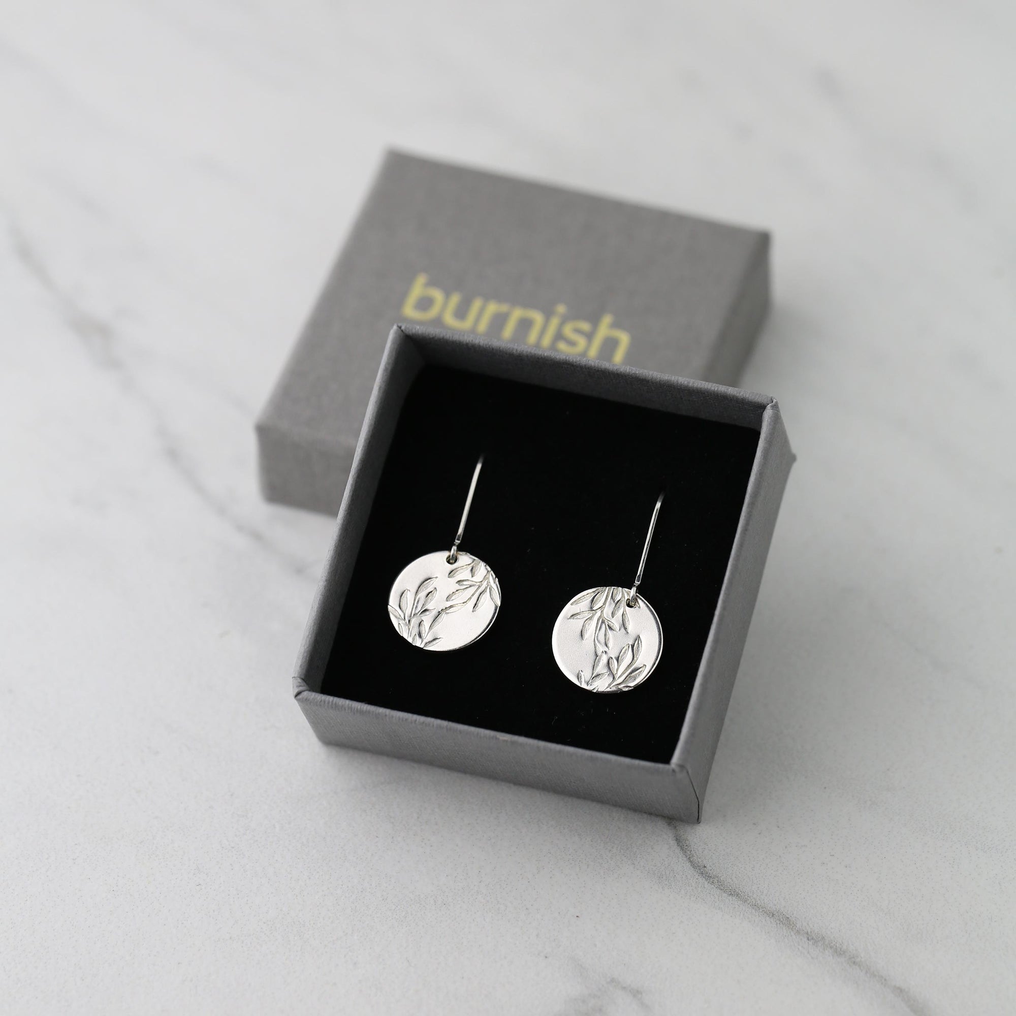 Silver Willow Leaves Medium Disc Earrings