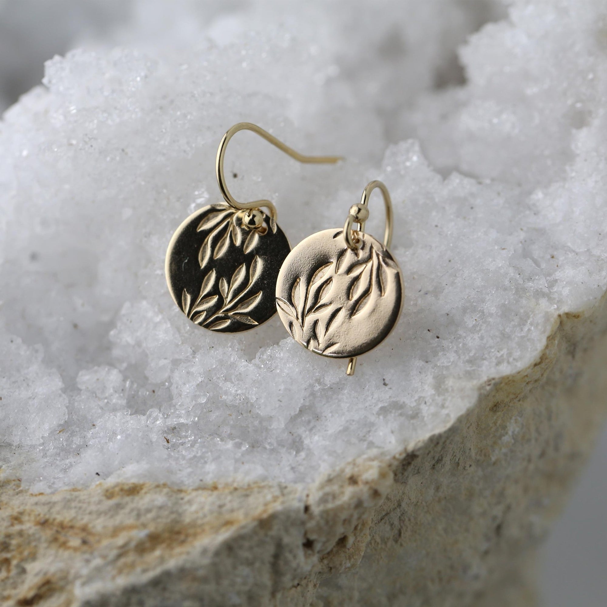 Gold Willow Leaves Medium Disc Earrings jewelry handmade by Burnish