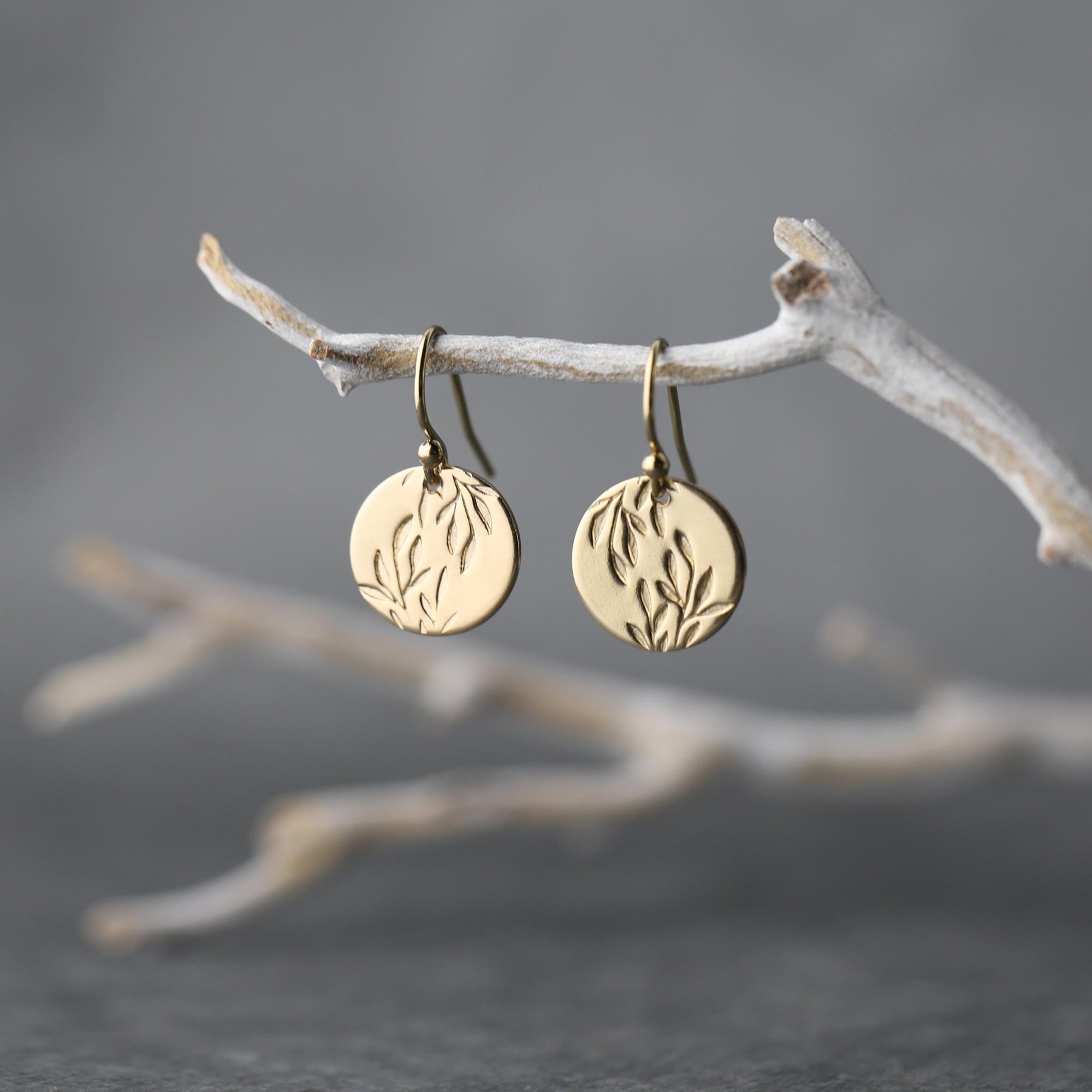 Gold Willow Leaves Medium Disc Earrings jewelry handmade by Burnish