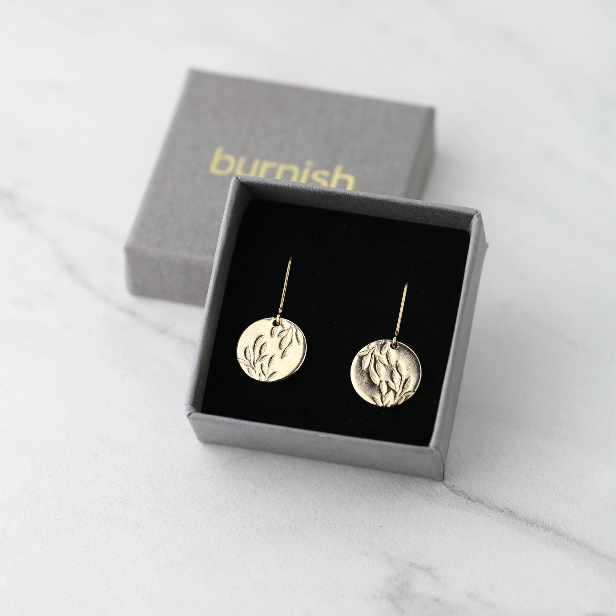Gold Willow Leaves Medium Disc Earrings jewelry handmade by Burnish