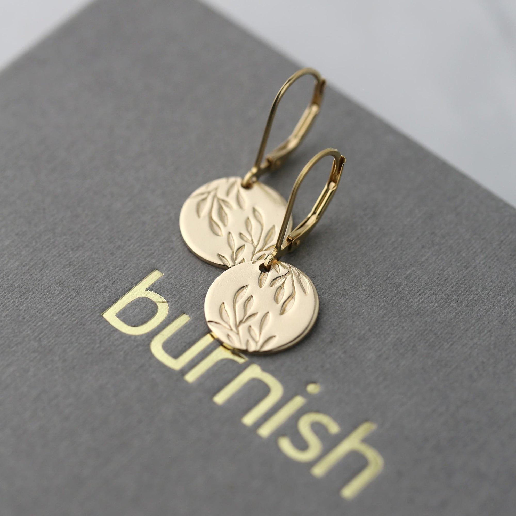 Gold Willow Leaves Medium Disc Earrings jewelry handmade by Burnish