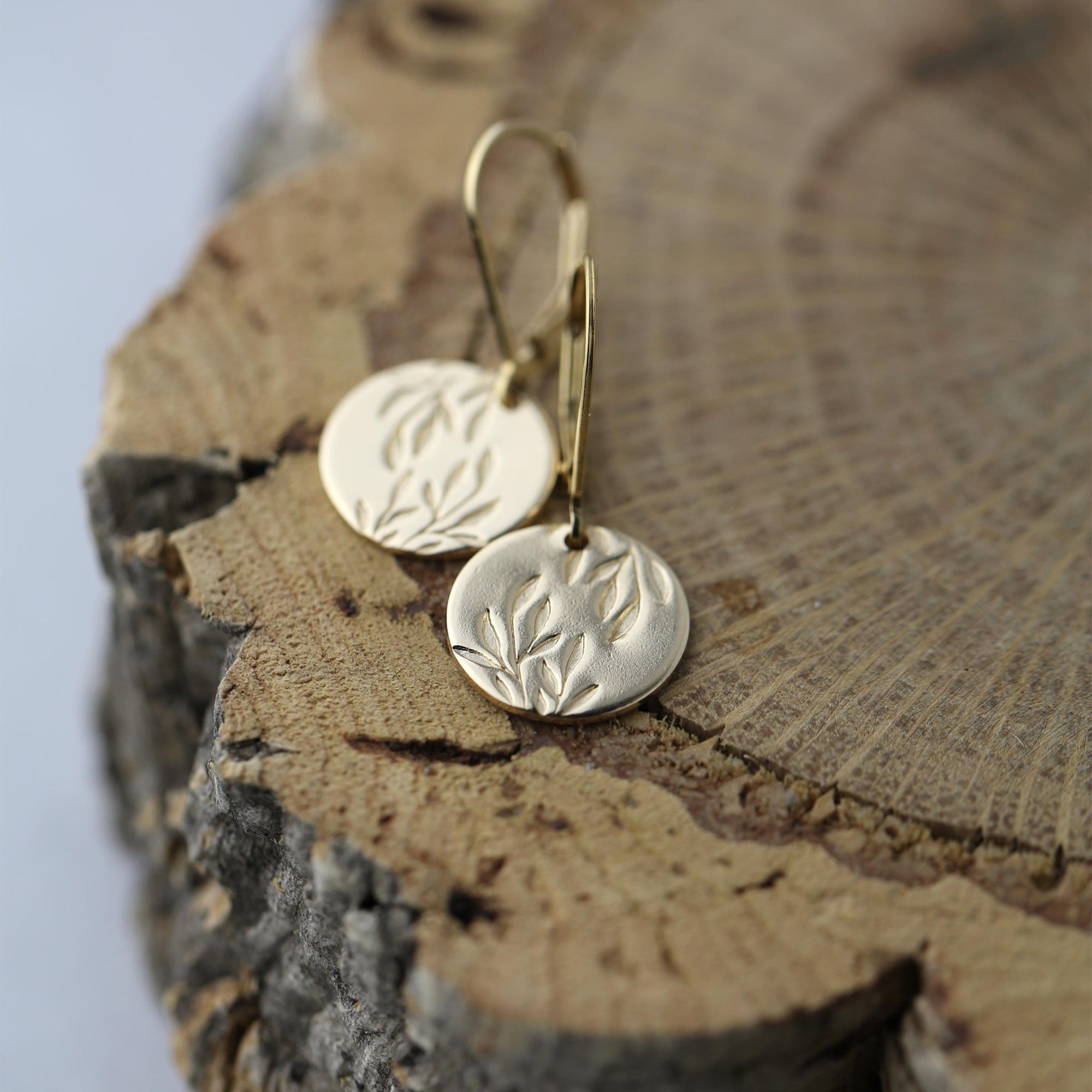 Gold Willow Leaves Medium Disc Earrings jewelry handmade by Burnish