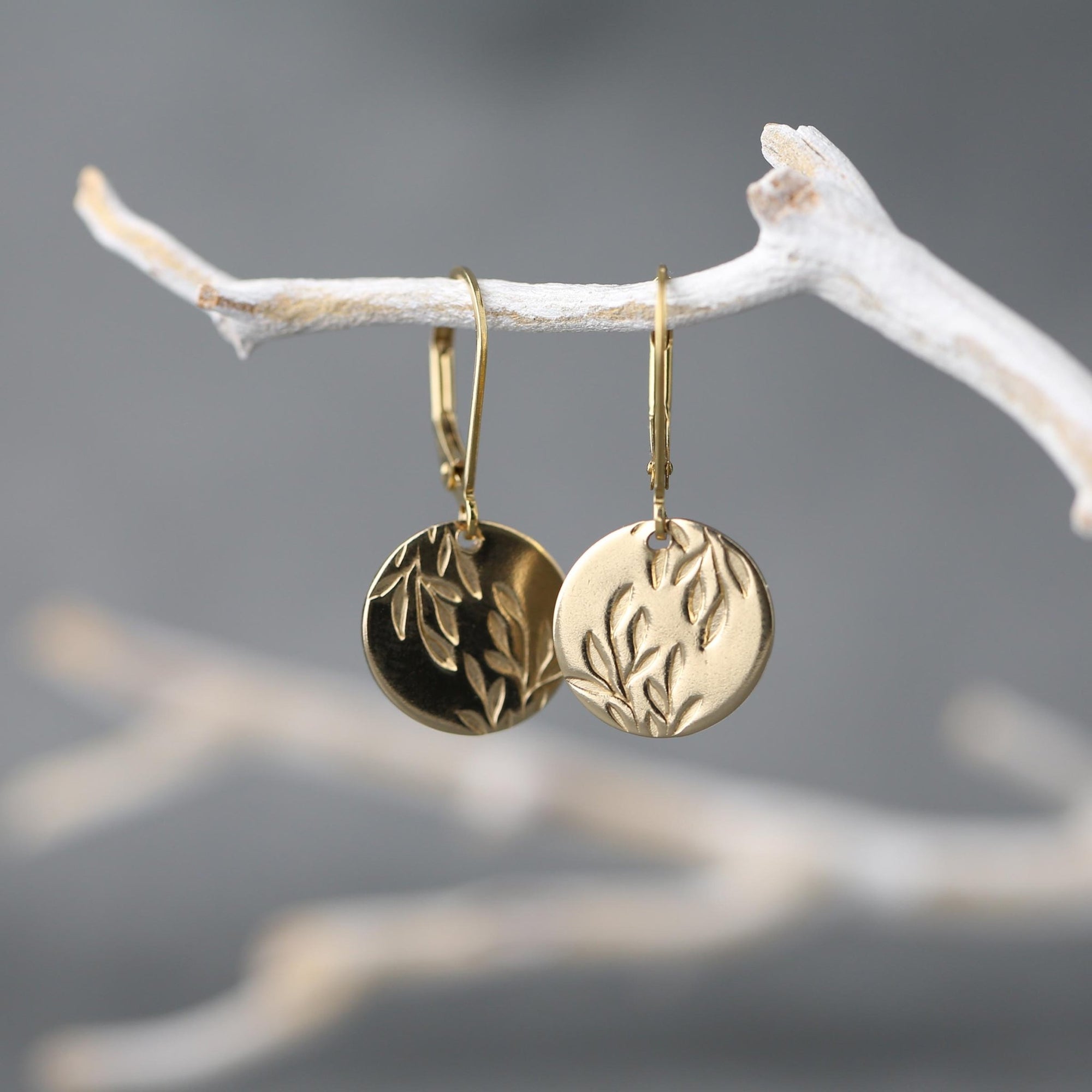 Gold Willow Leaves Medium Disc Earrings jewelry handmade by Burnish