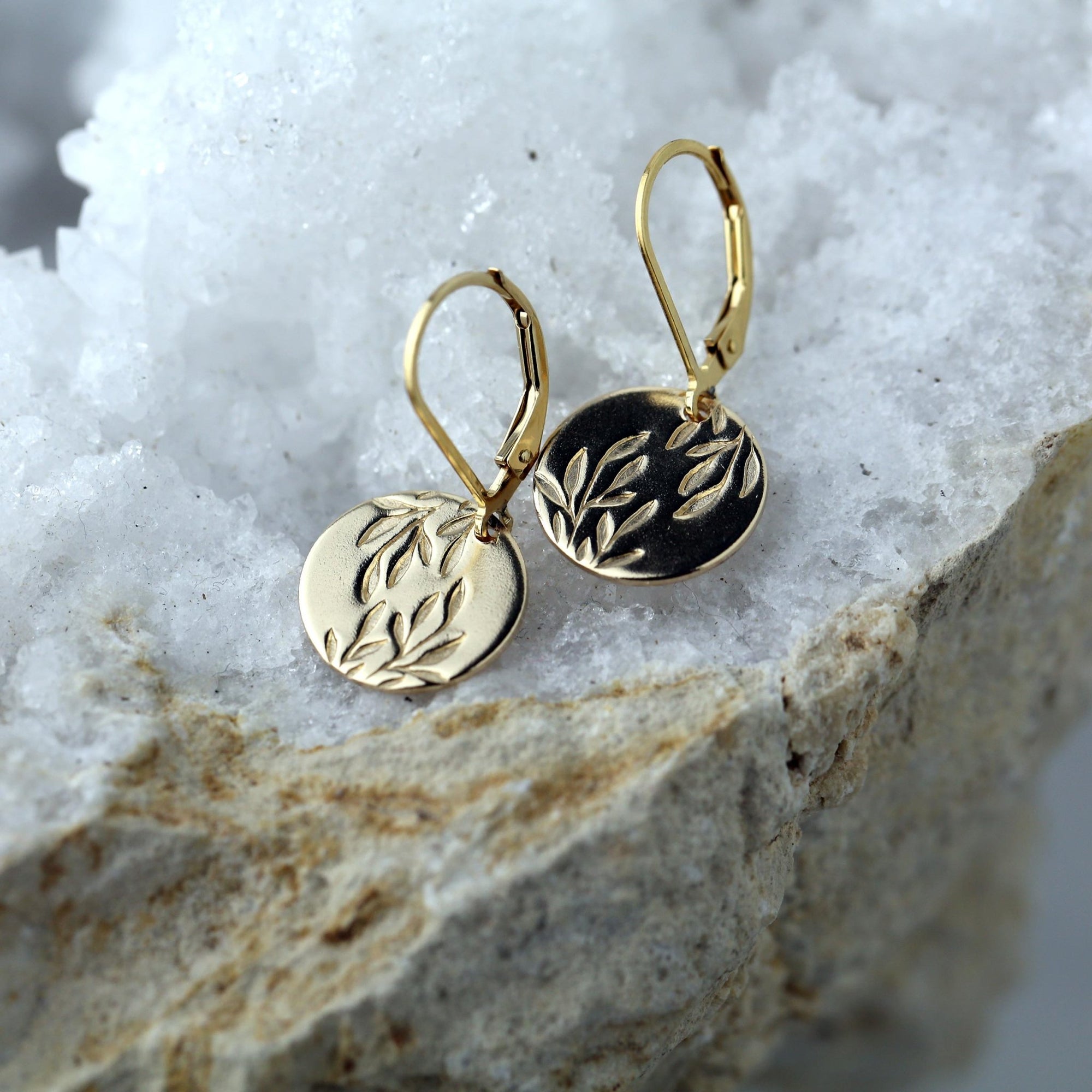 Gold Willow Leaves Medium Disc Earrings jewelry handmade by Burnish