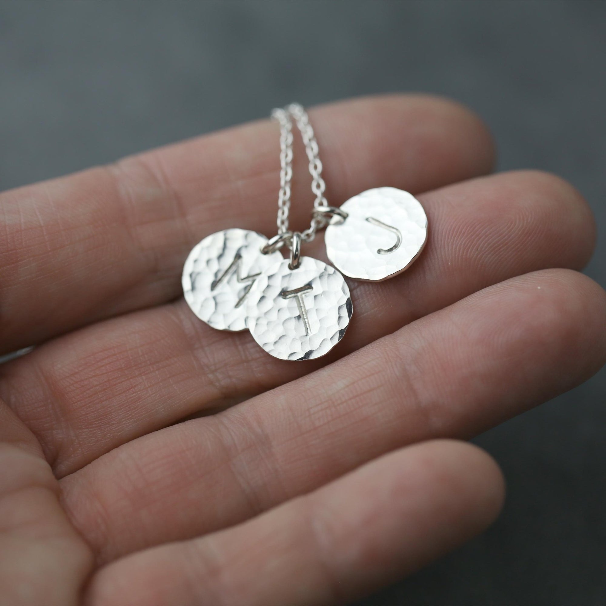 Hammered Silver Initial Disc Necklace jewelry handmade by Burnish