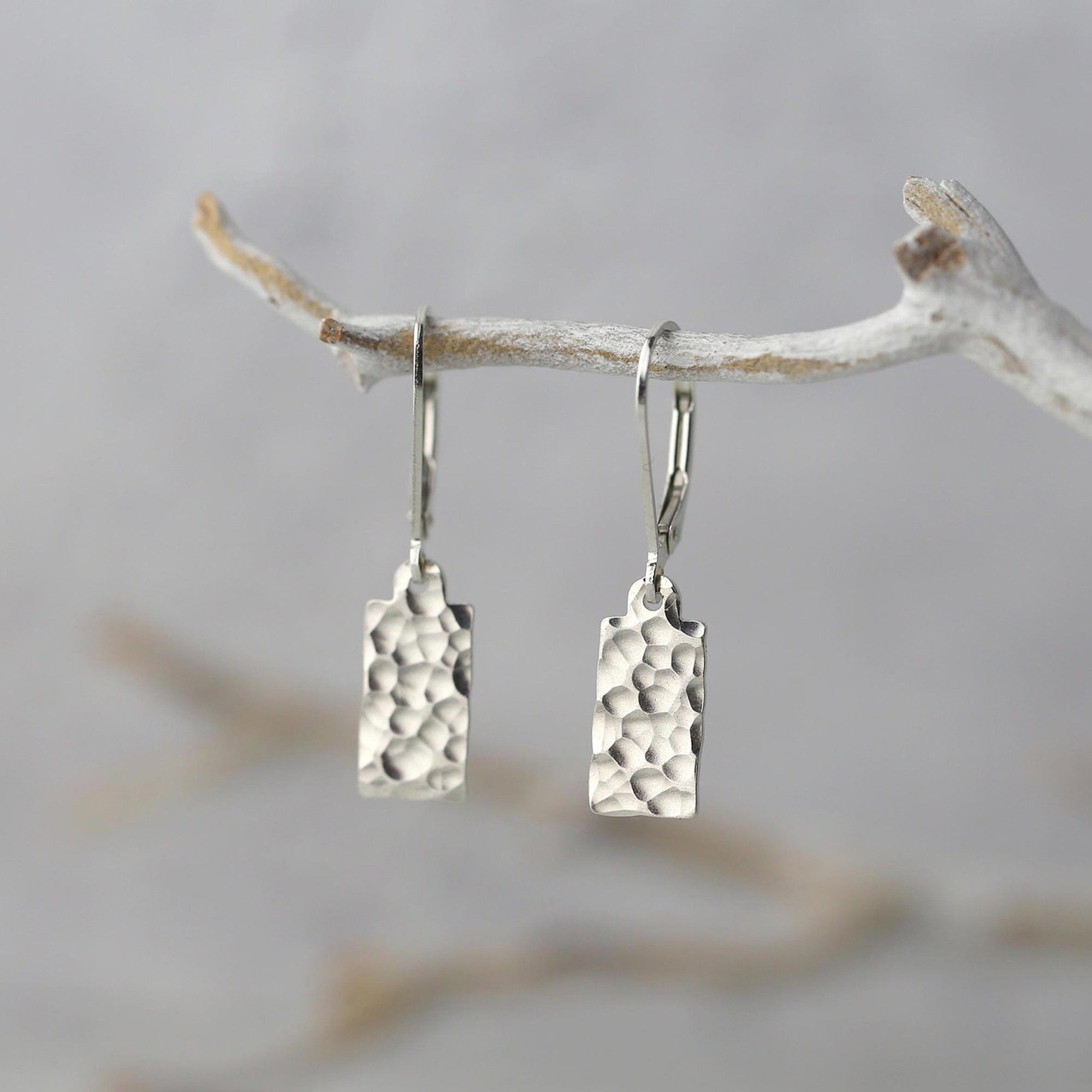 Hammered Silver Mini Tag Earrings jewelry handmade by Burnish