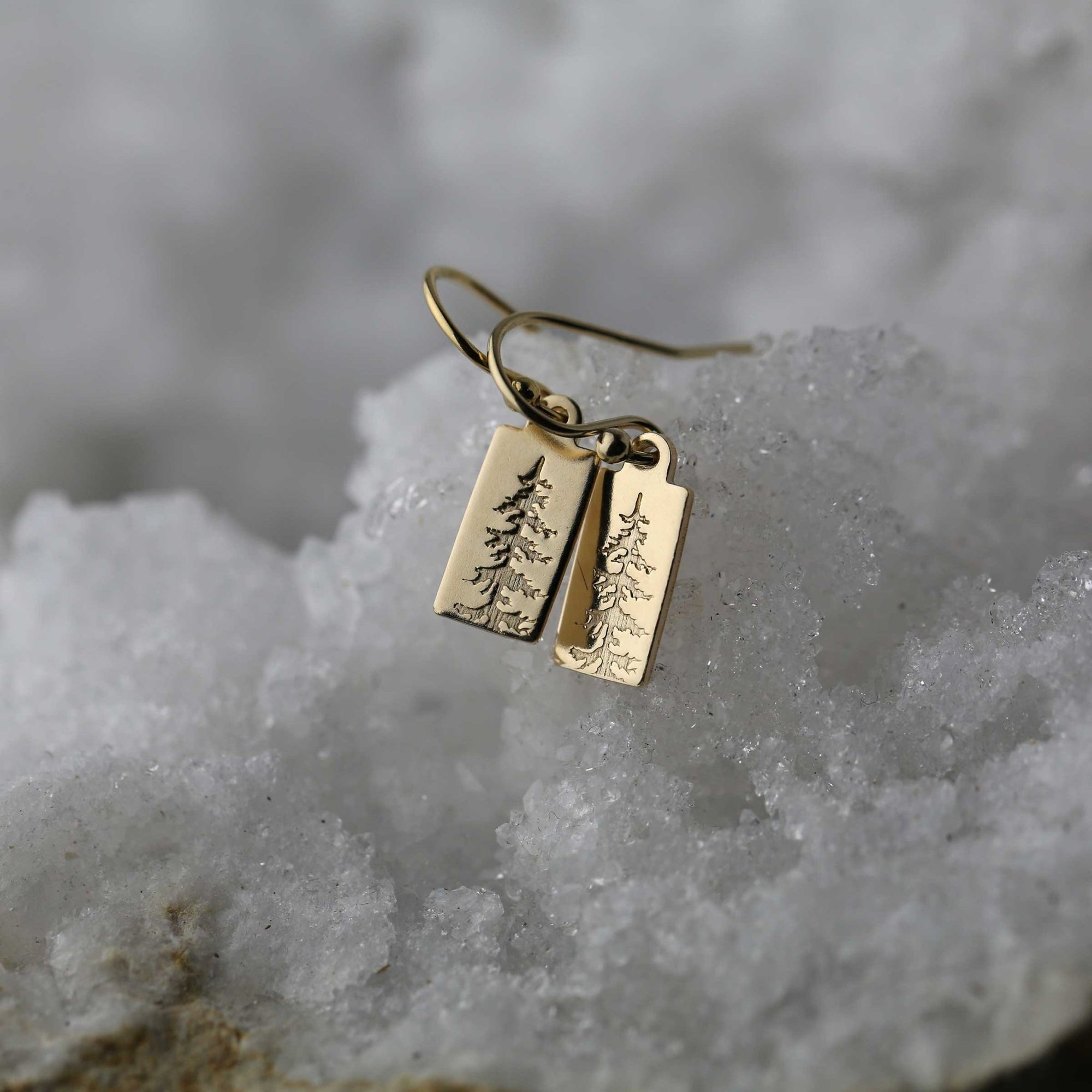 Mini Gold Evergreen Tree Tag Earrings jewelry handmade by Burnish