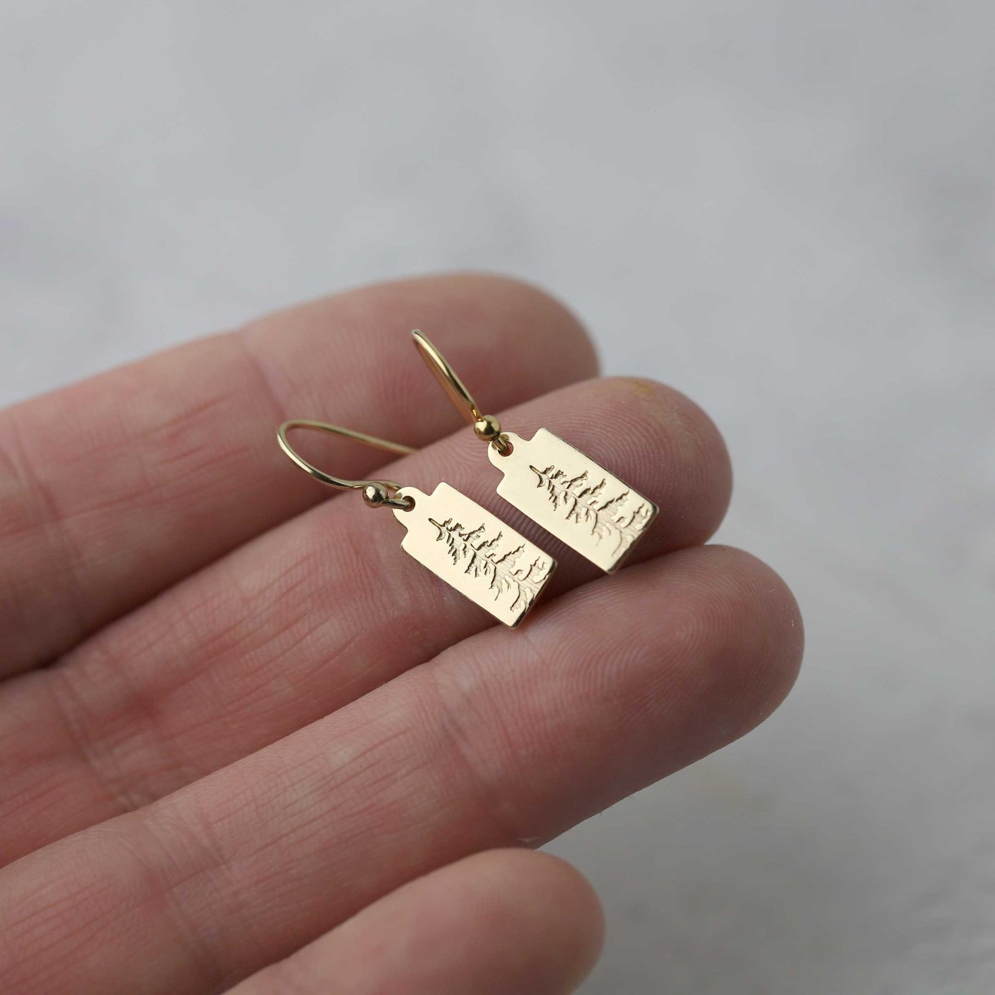 Mini Gold Evergreen Tree Tag Earrings jewelry handmade by Burnish