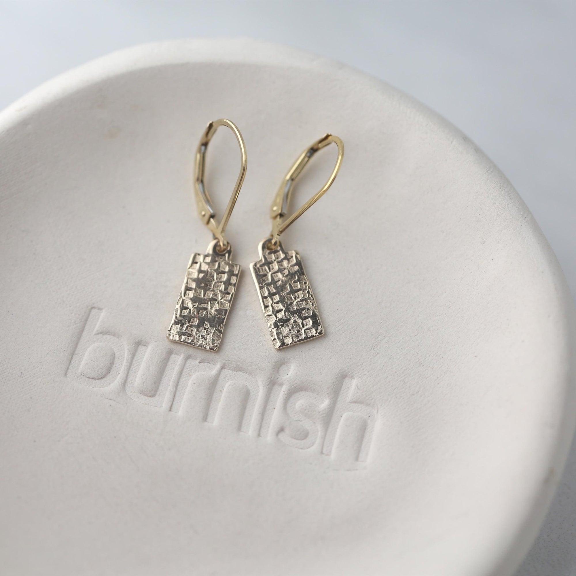 Mini Raw Silk Texture Tag Earrings jewelry handmade by Burnish