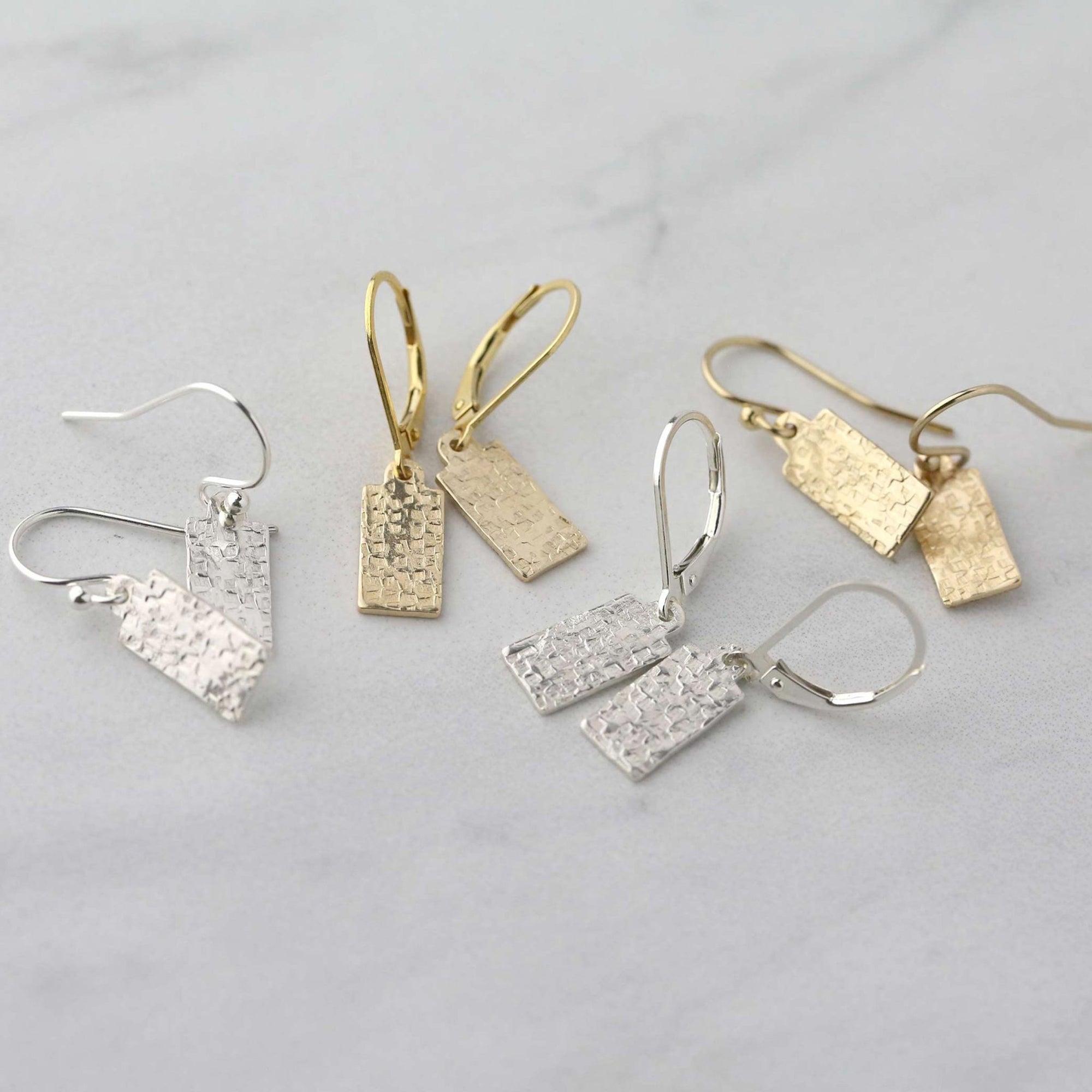 Mini Raw Silk Texture Tag Earrings jewelry handmade by Burnish
