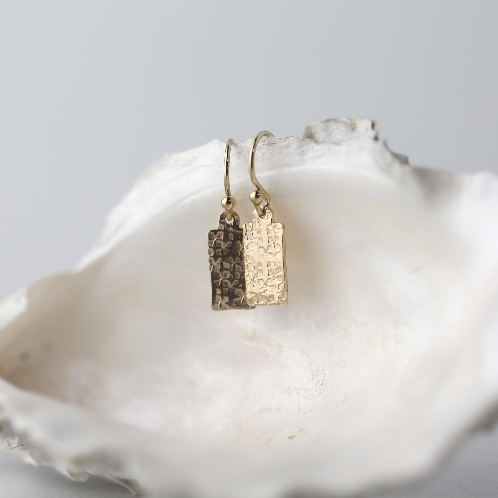 Mini Raw Silk Texture Tag Earrings jewelry handmade by Burnish
