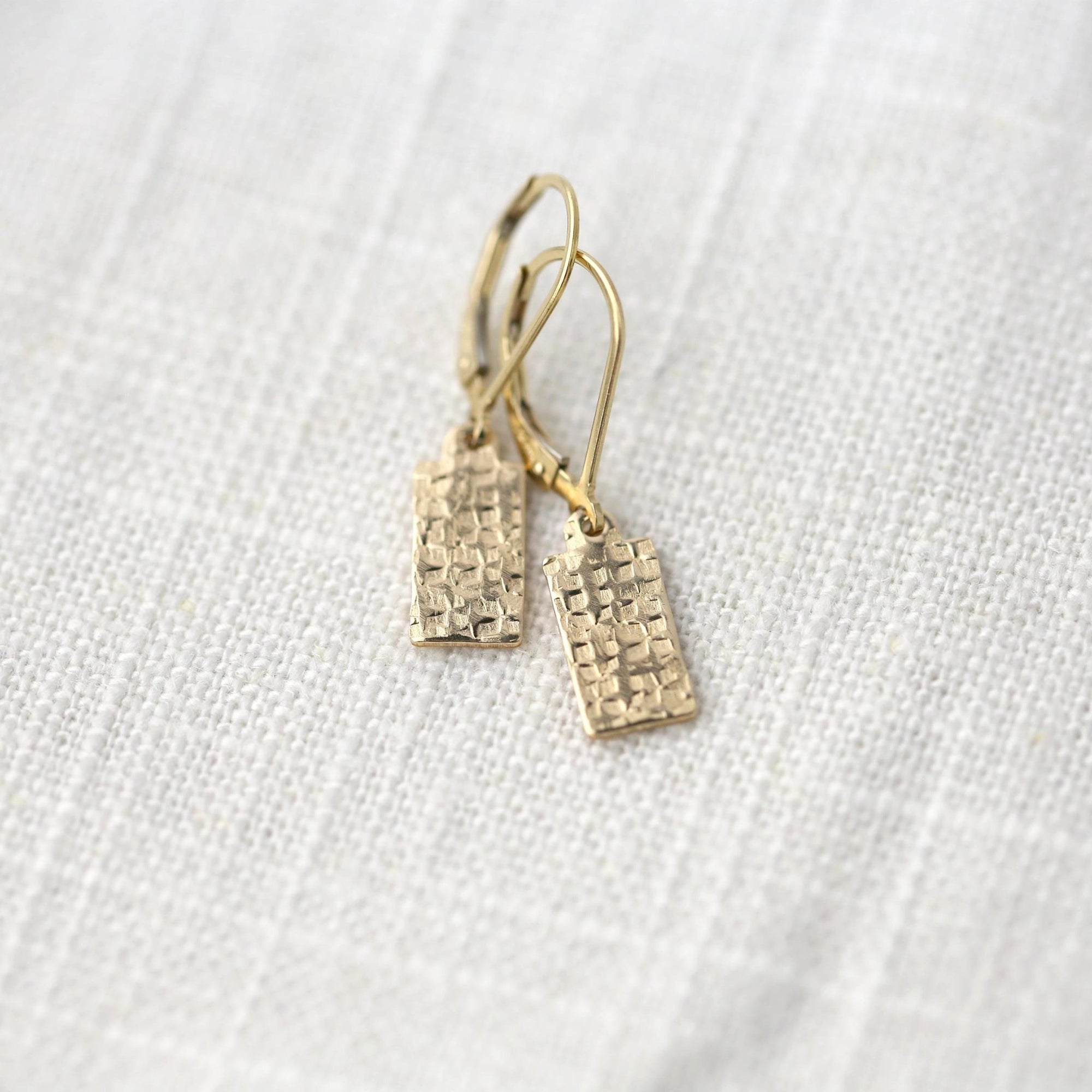 Mini Raw Silk Texture Tag Earrings jewelry handmade by Burnish
