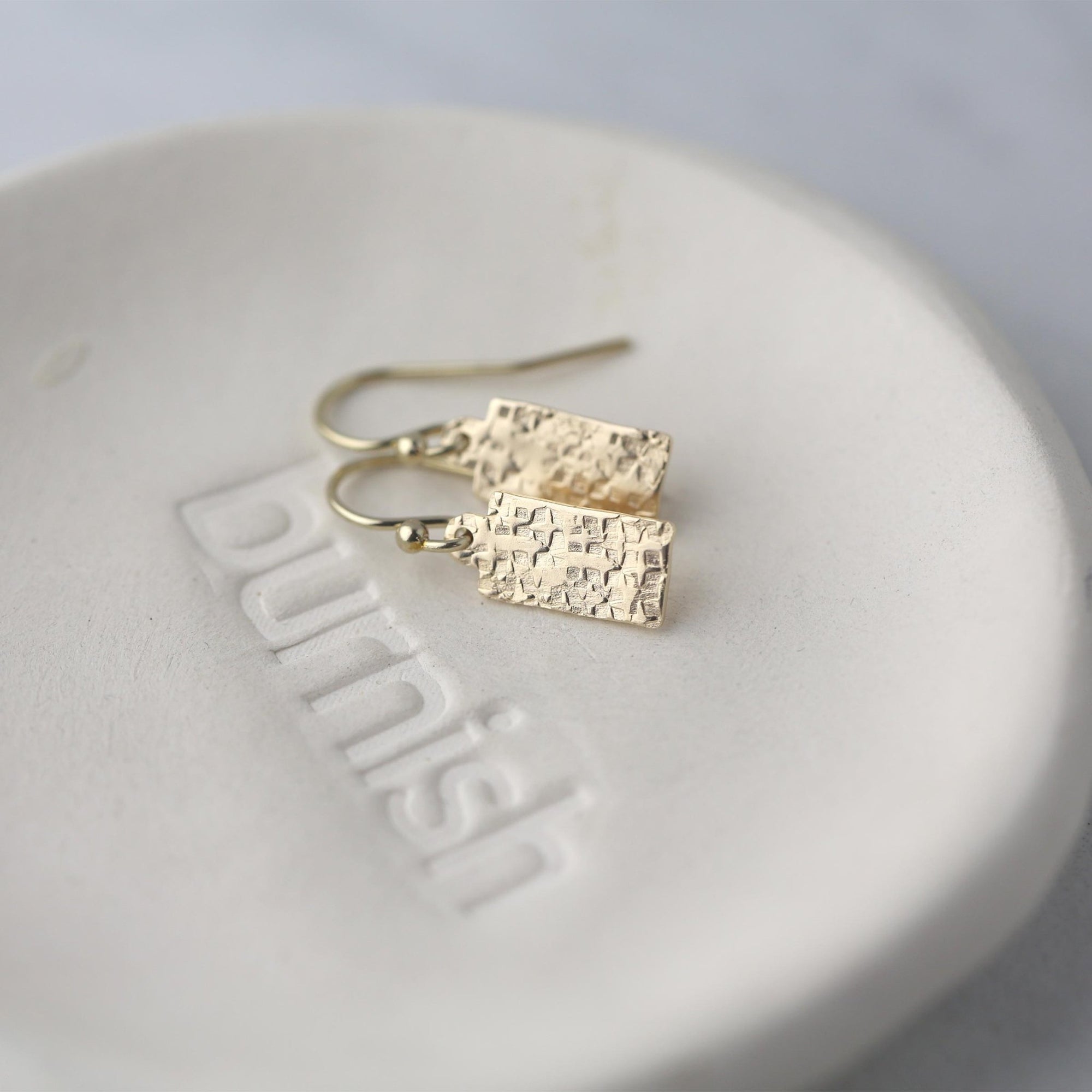 Mini Raw Silk Texture Tag Earrings jewelry handmade by Burnish
