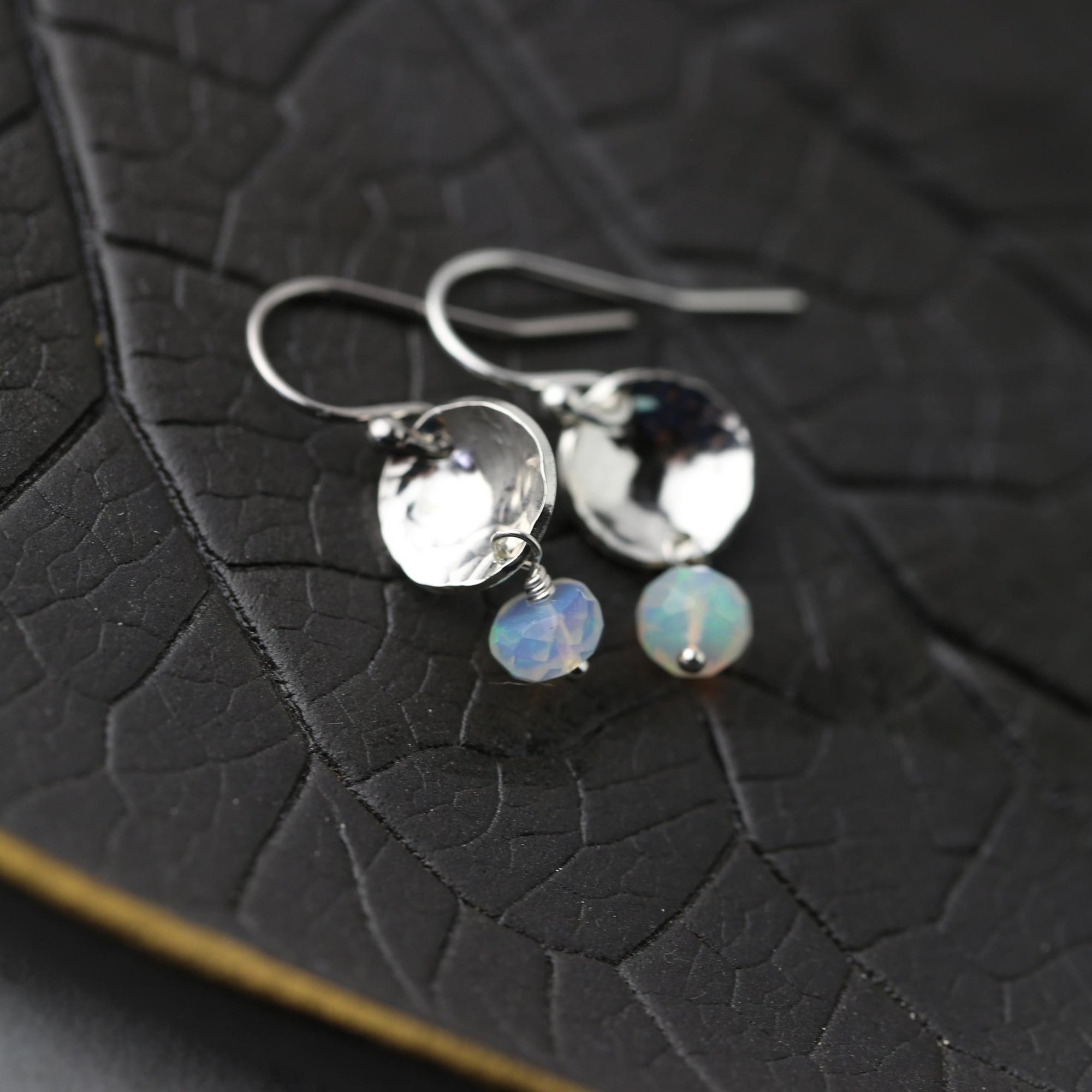 Opal Mini Silver Disc Earrings jewelry handmade by Burnish