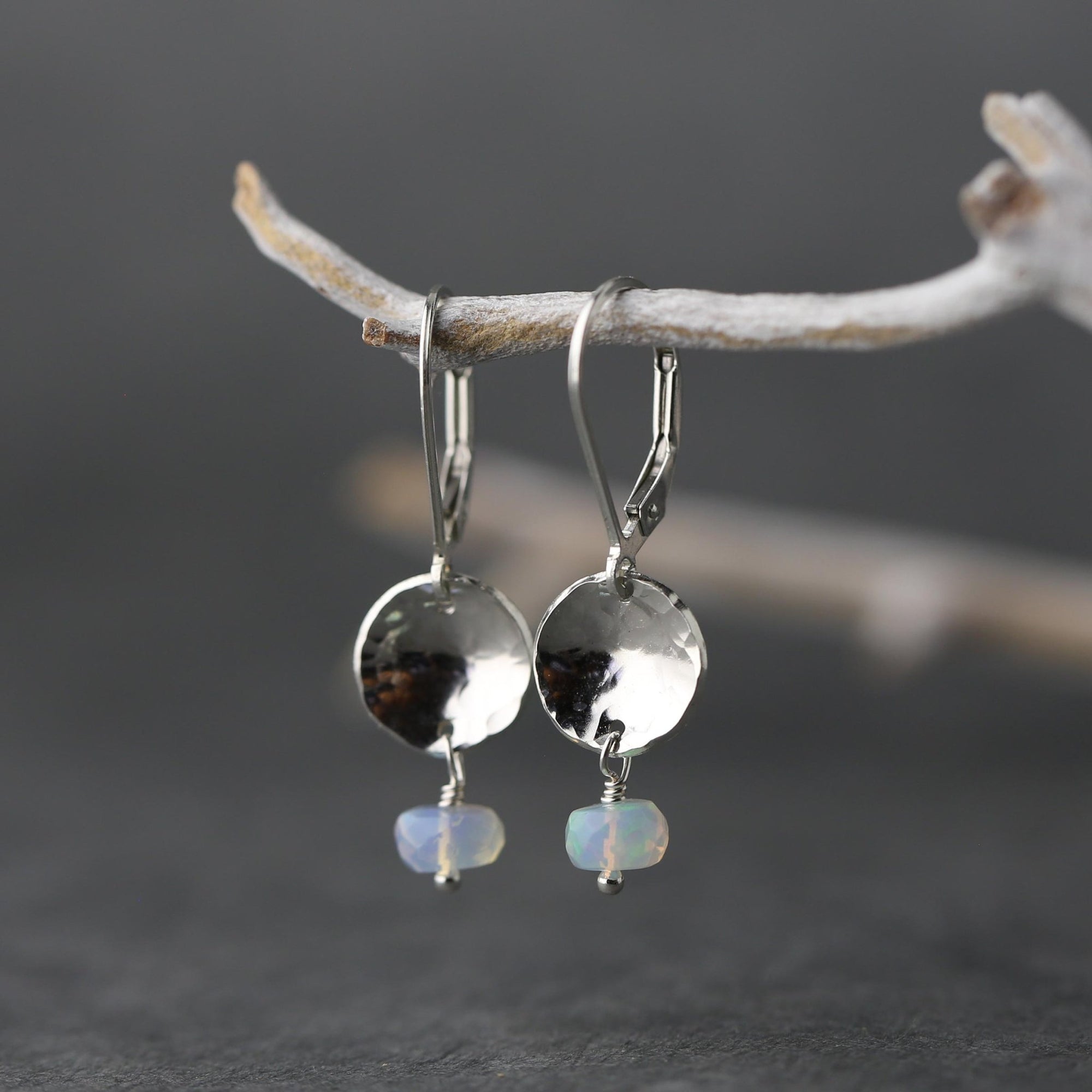 Opal Mini Silver Disc Earrings jewelry handmade by Burnish