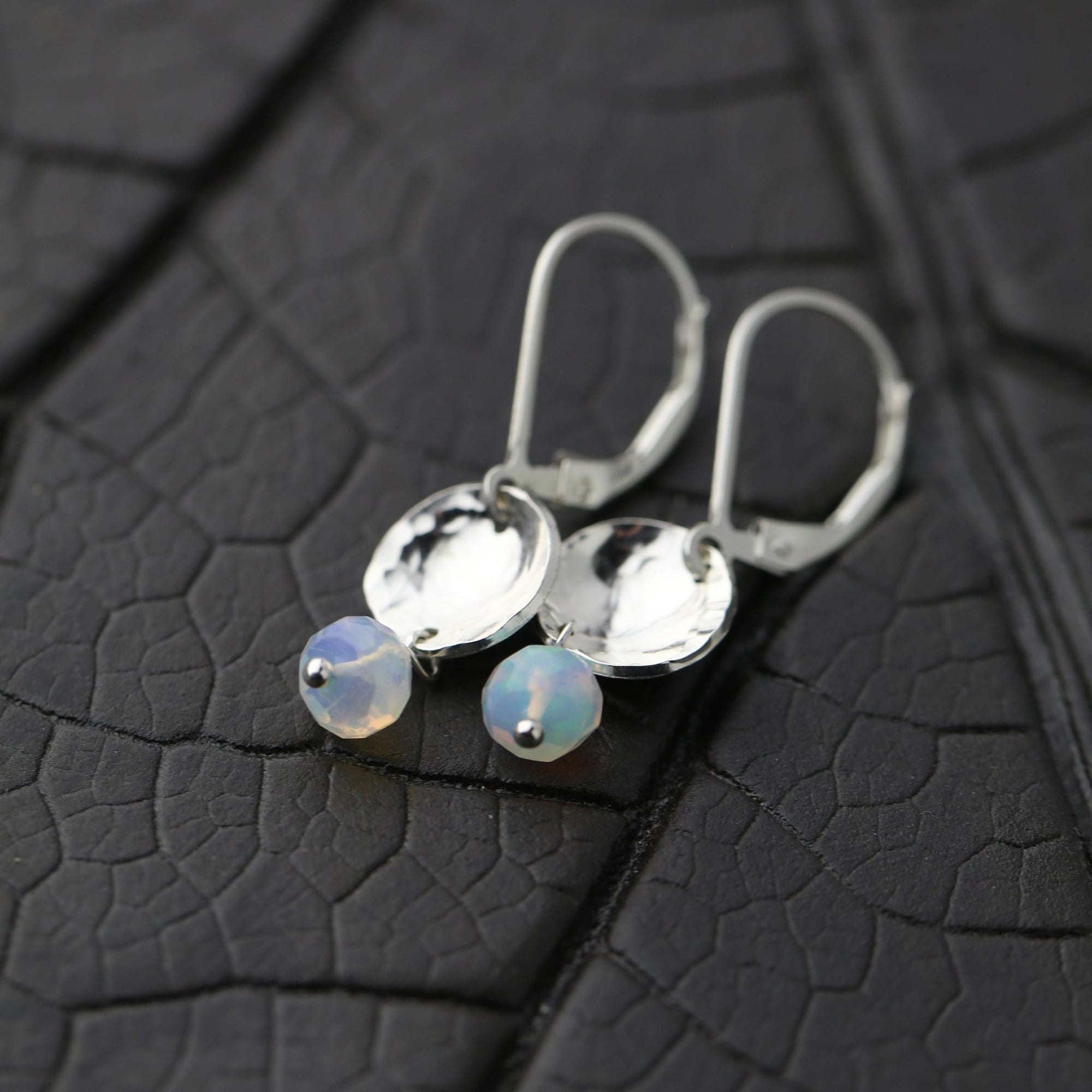 Opal Mini Silver Disc Earrings jewelry handmade by Burnish