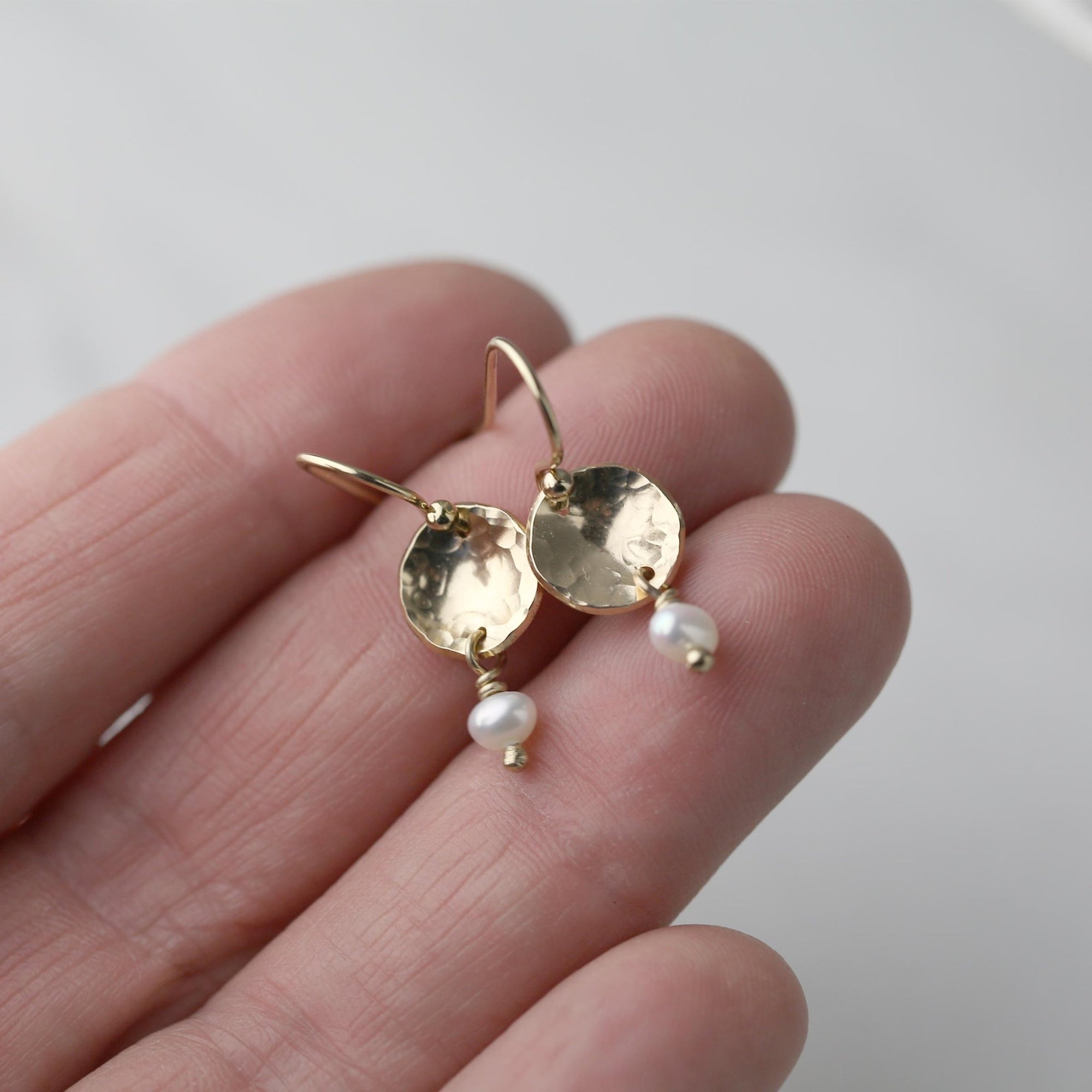 Petite Gold Disc Pearl Earrings jewelry handmade by Burnish