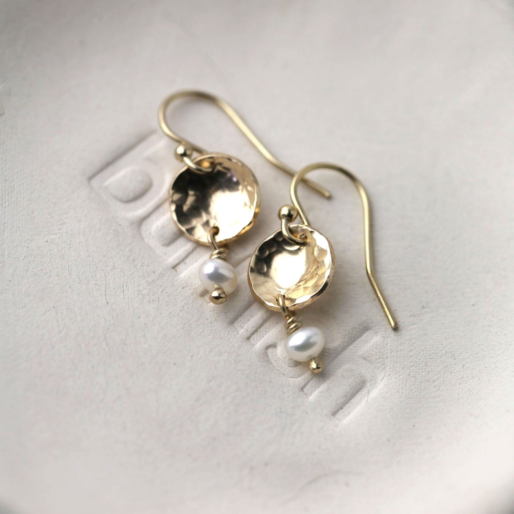 Petite Gold Disc Pearl Earrings jewelry handmade by Burnish