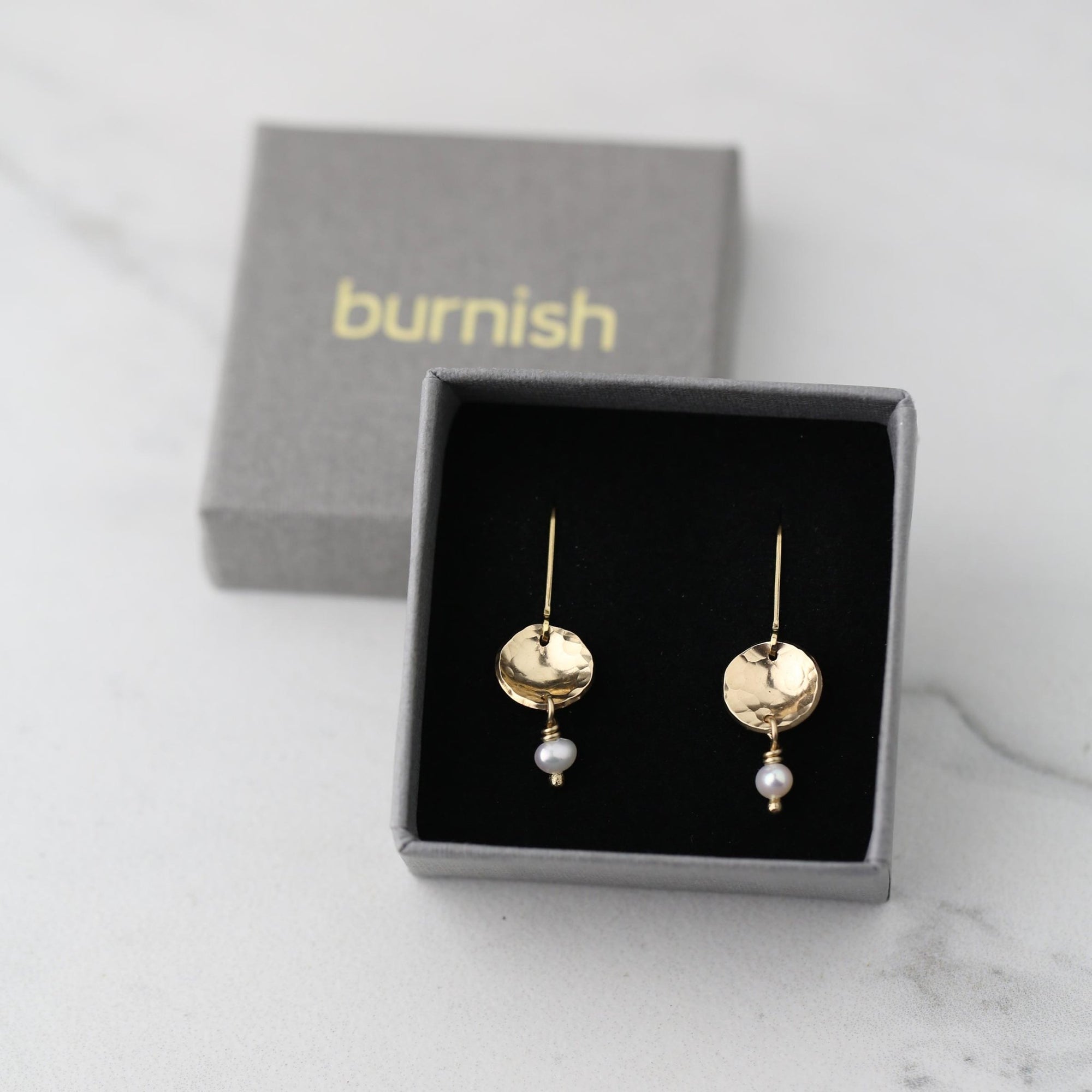 Petite Gold Disc Pearl Earrings jewelry handmade by Burnish