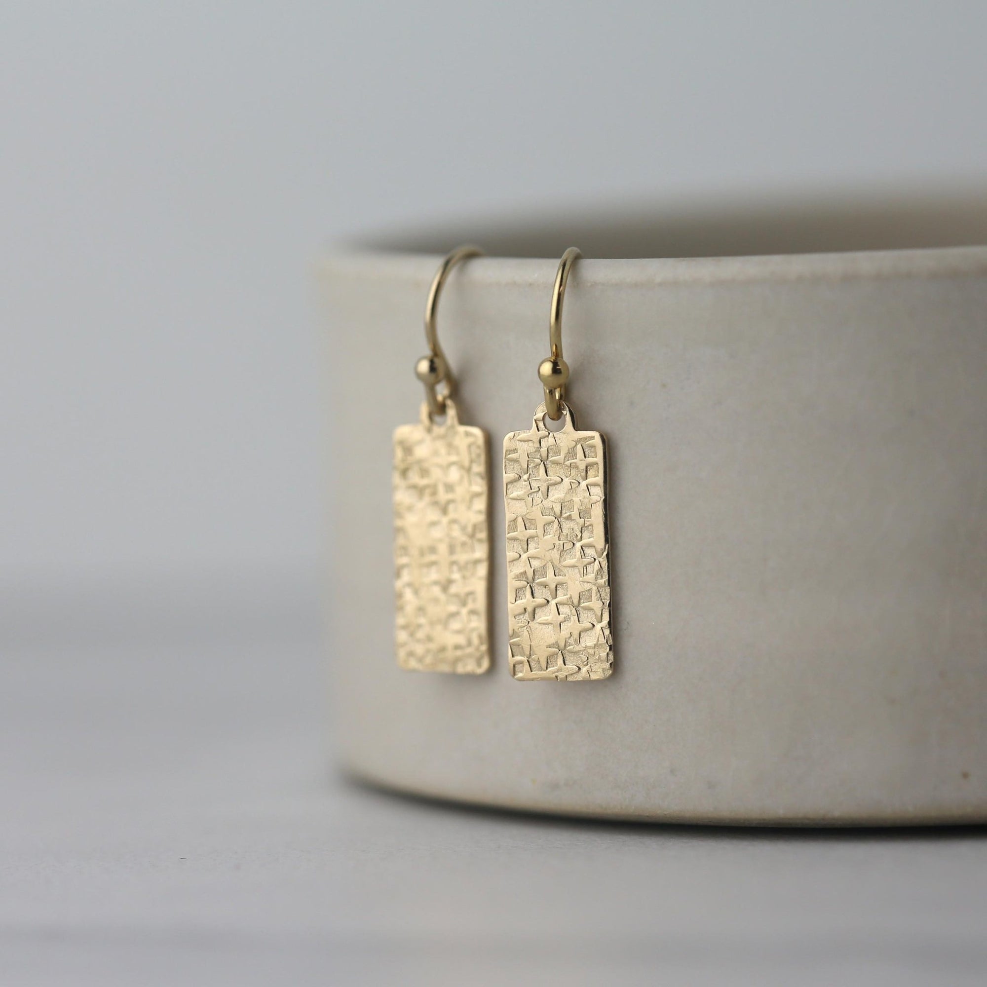 Raw Silk Textured Gold Medium Tag Earrings jewelry handmade by Burnish