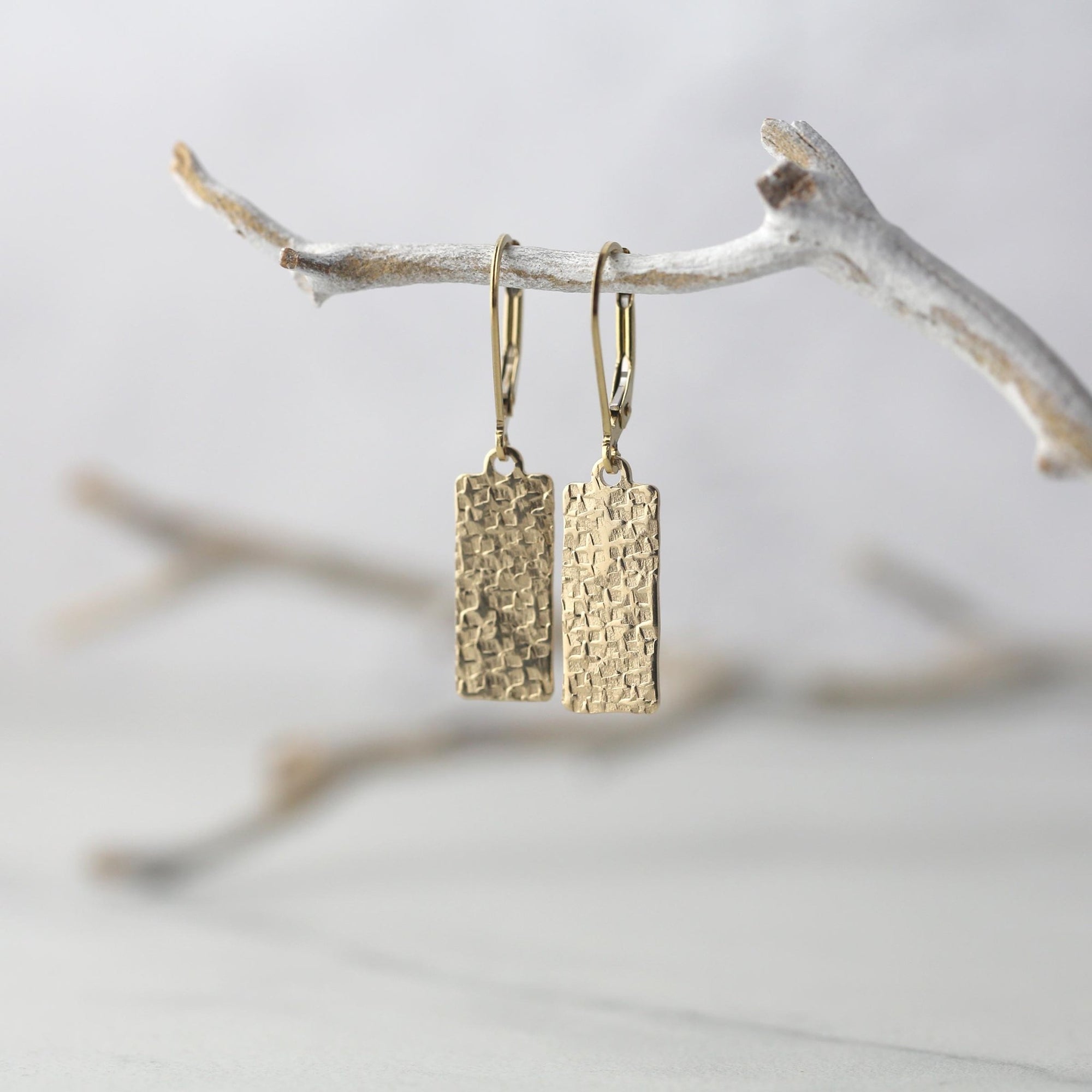 Raw Silk Textured Gold Medium Tag Earrings jewelry handmade by Burnish