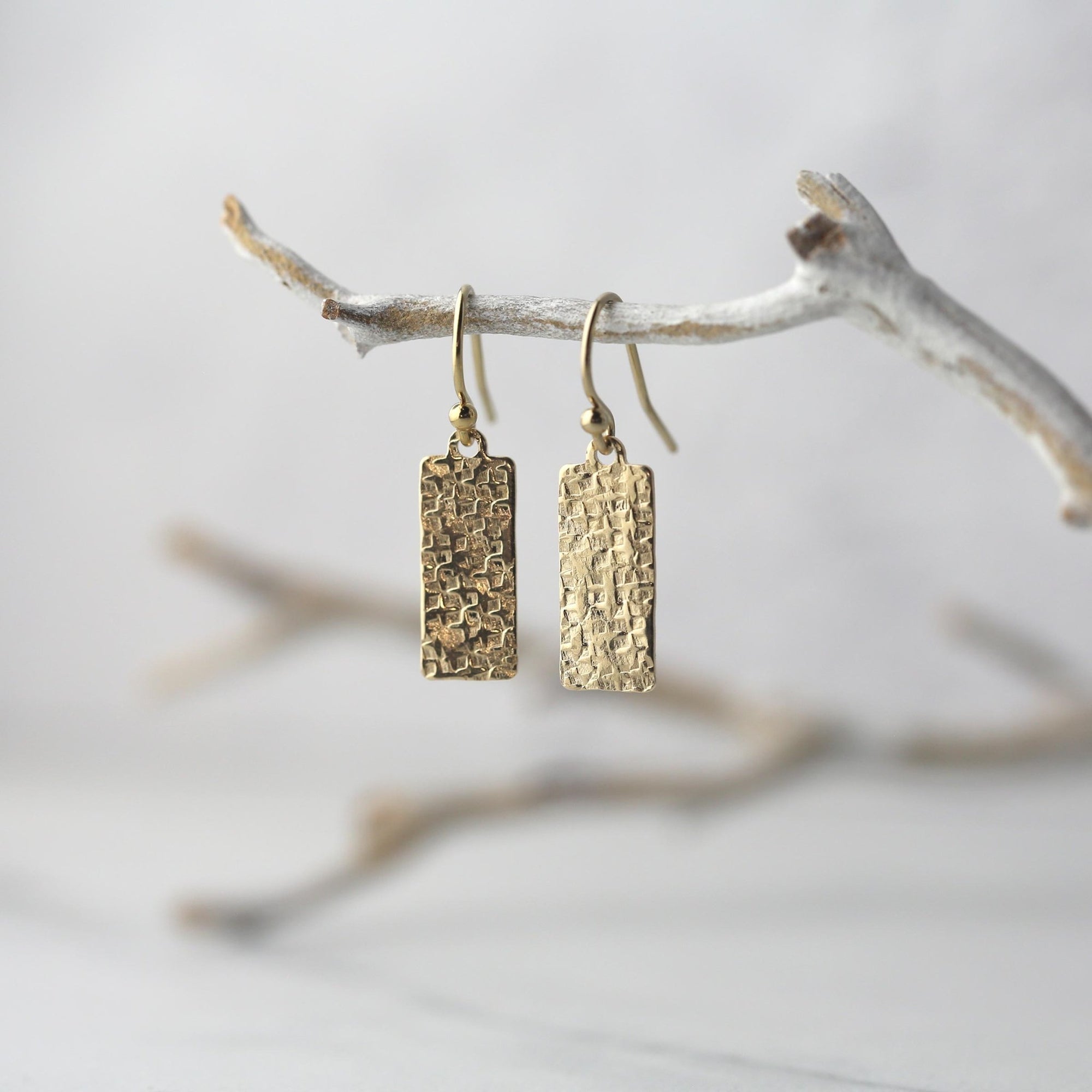 Raw Silk Textured Gold Medium Tag Earrings jewelry handmade by Burnish