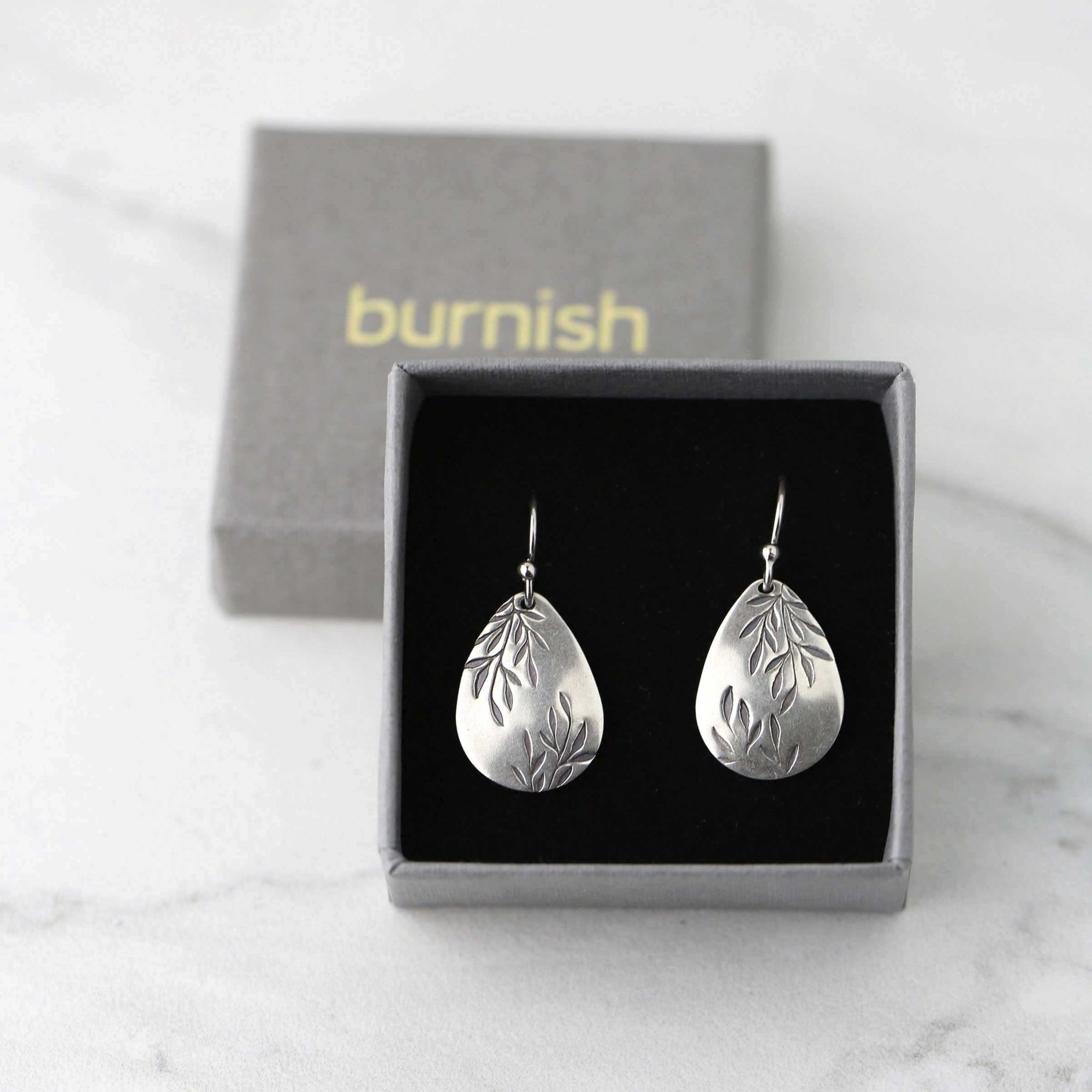 Silver Willow Leaf Teardrop Earrings jewelry handmade by Burnish