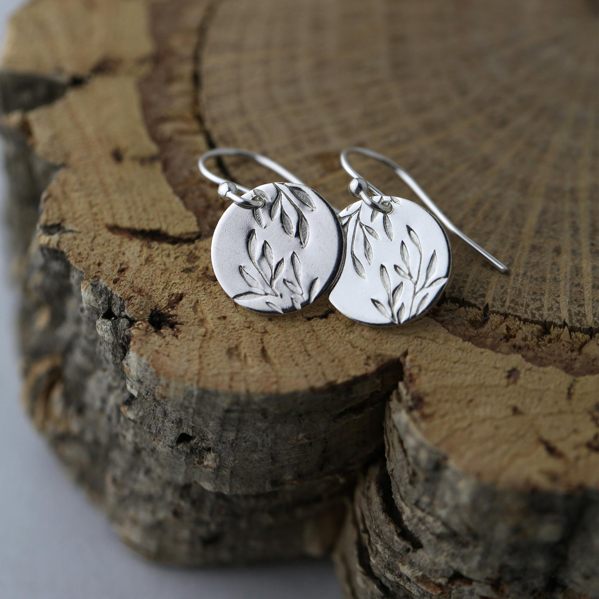 Silver Willow Leaves Medium Disc Earrings jewelry handmade by Burnish