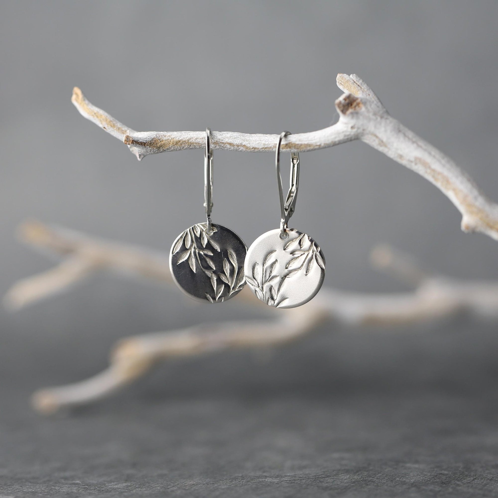 Silver Willow Leaves Medium Disc Earrings jewelry handmade by Burnish