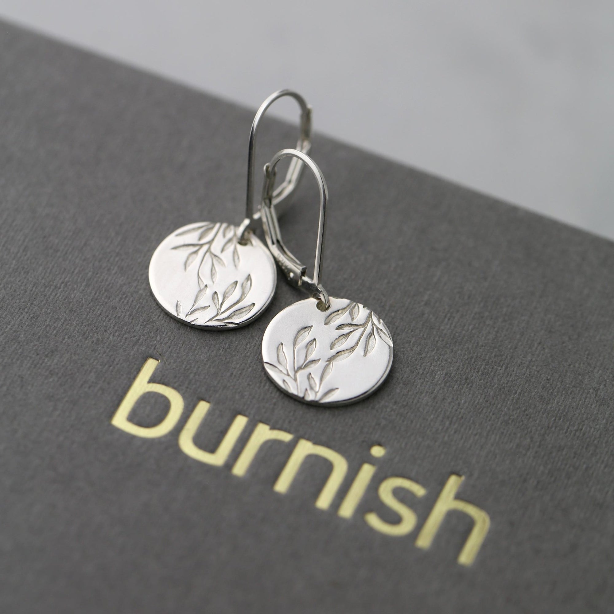 Silver Willow Leaves Medium Disc Earrings jewelry handmade by Burnish