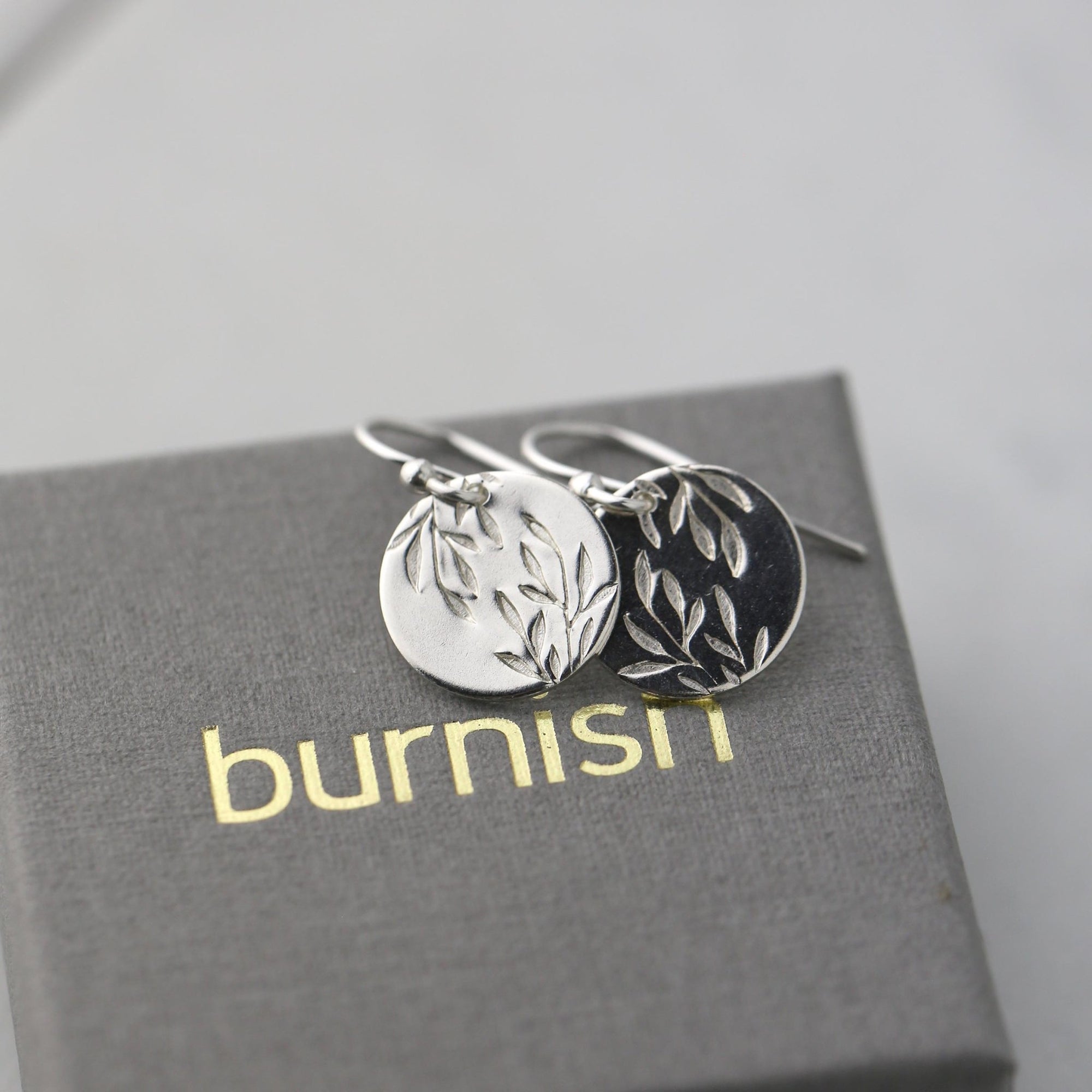 Silver Willow Leaves Medium Disc Earrings jewelry handmade by Burnish