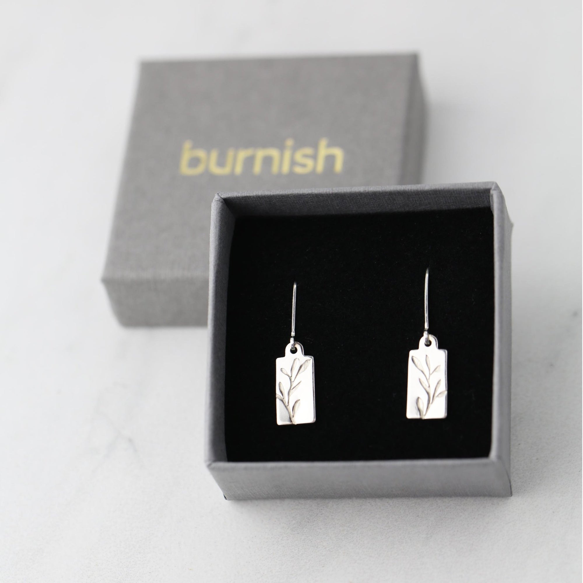 Sprig Silver Mini Tag Earrings jewelry handmade by Burnish