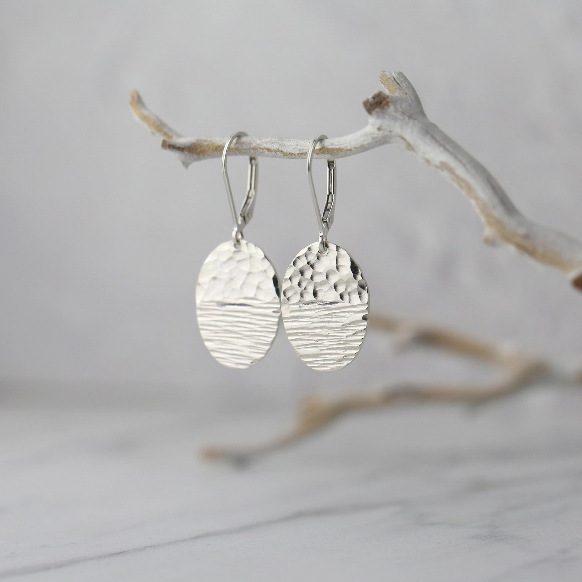 Duo Textured Silver Oval Earrings handmade by Burnish