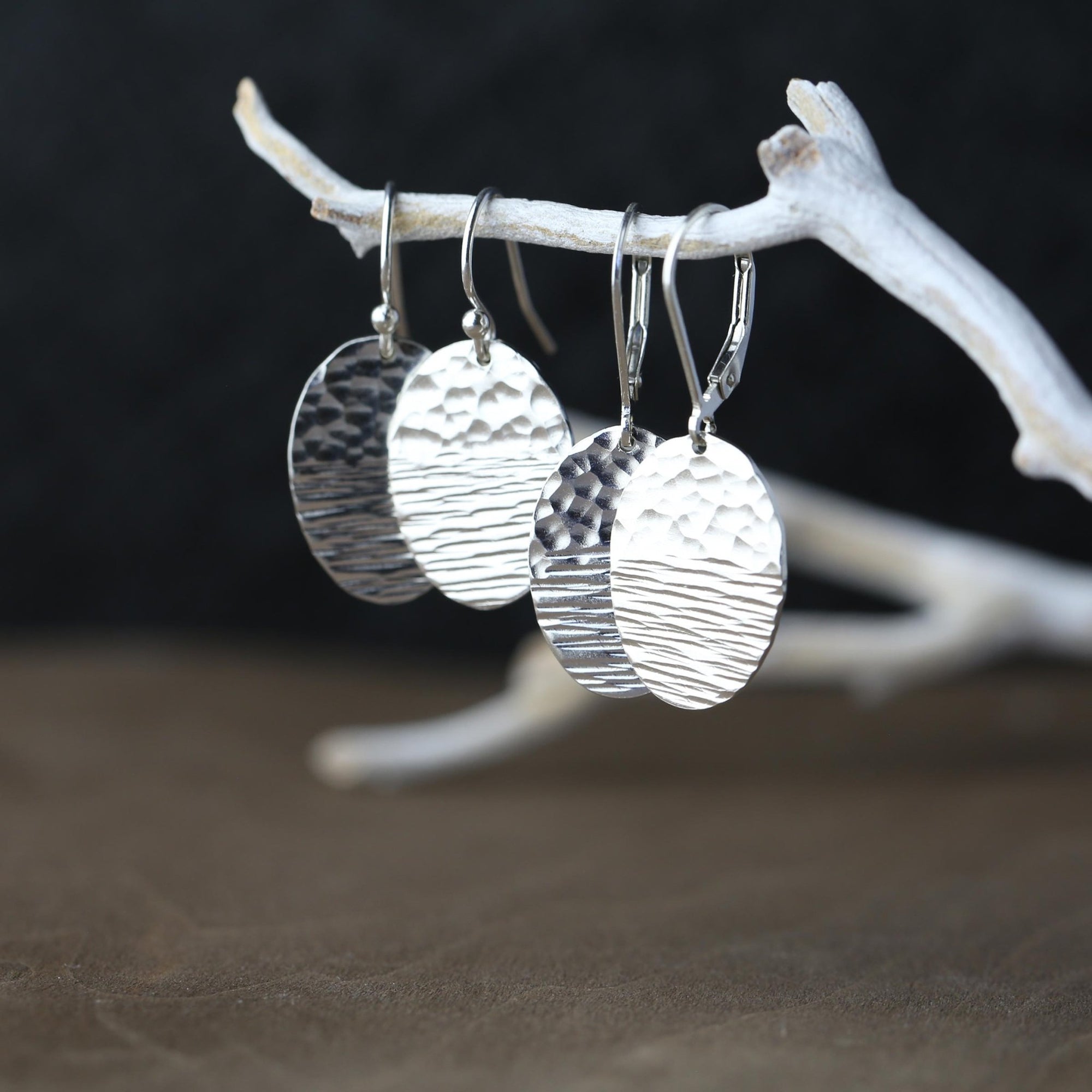 Duo Textured Silver Oval Earrings handmade by Burnish