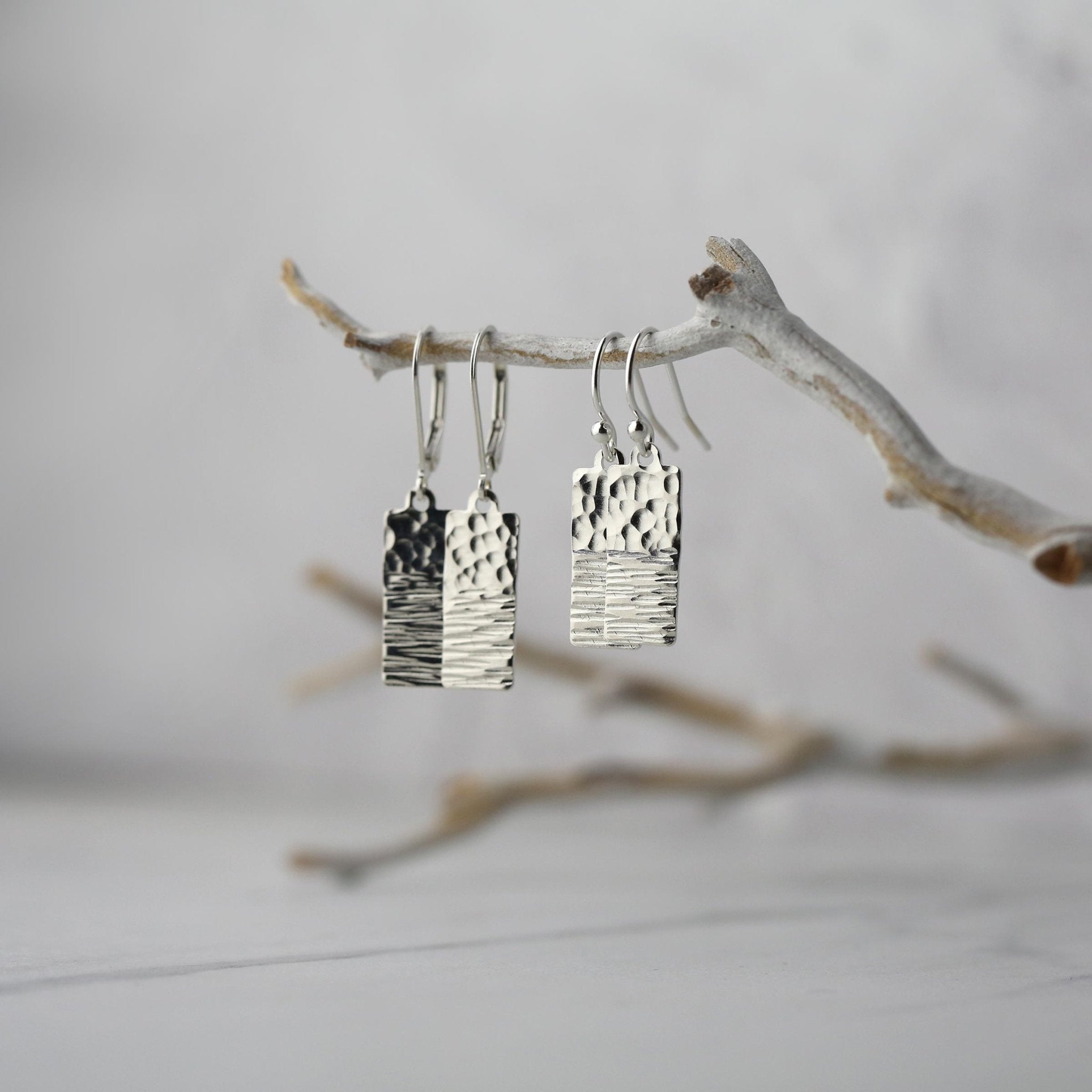 Duo Textured Silver Rectangular Earrings handmade by Burnish