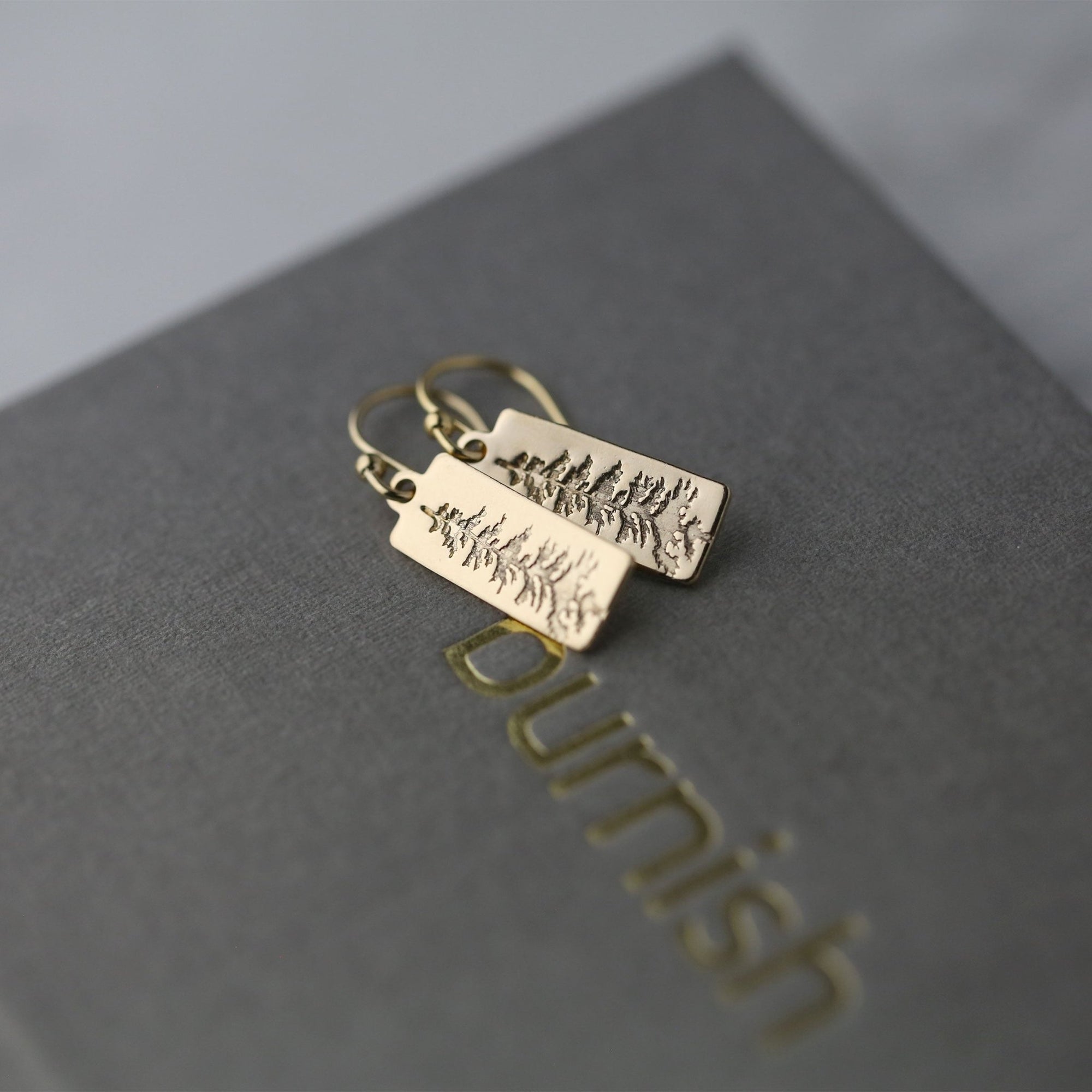 Evergreen Tree Tag Earrings jewelry handmade by Burnish