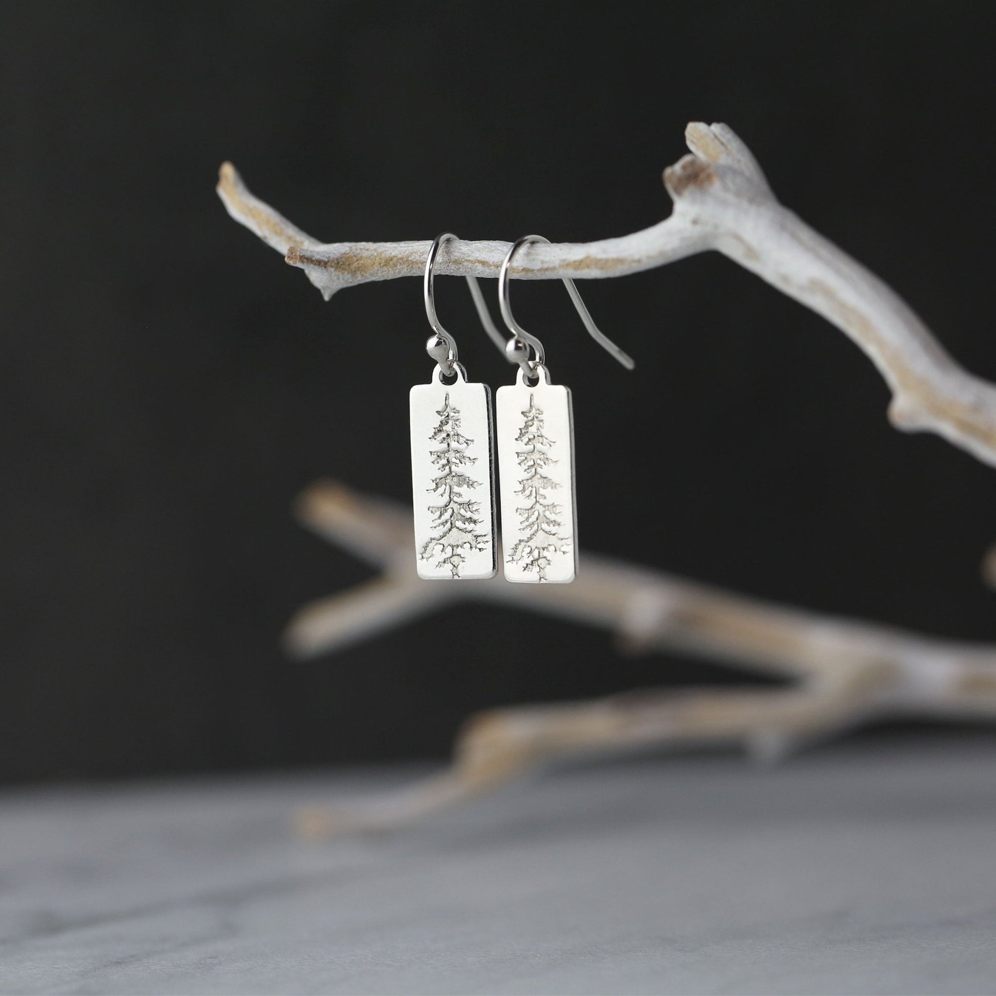 Evergreen Tree Tag Earrings jewelry handmade by Burnish