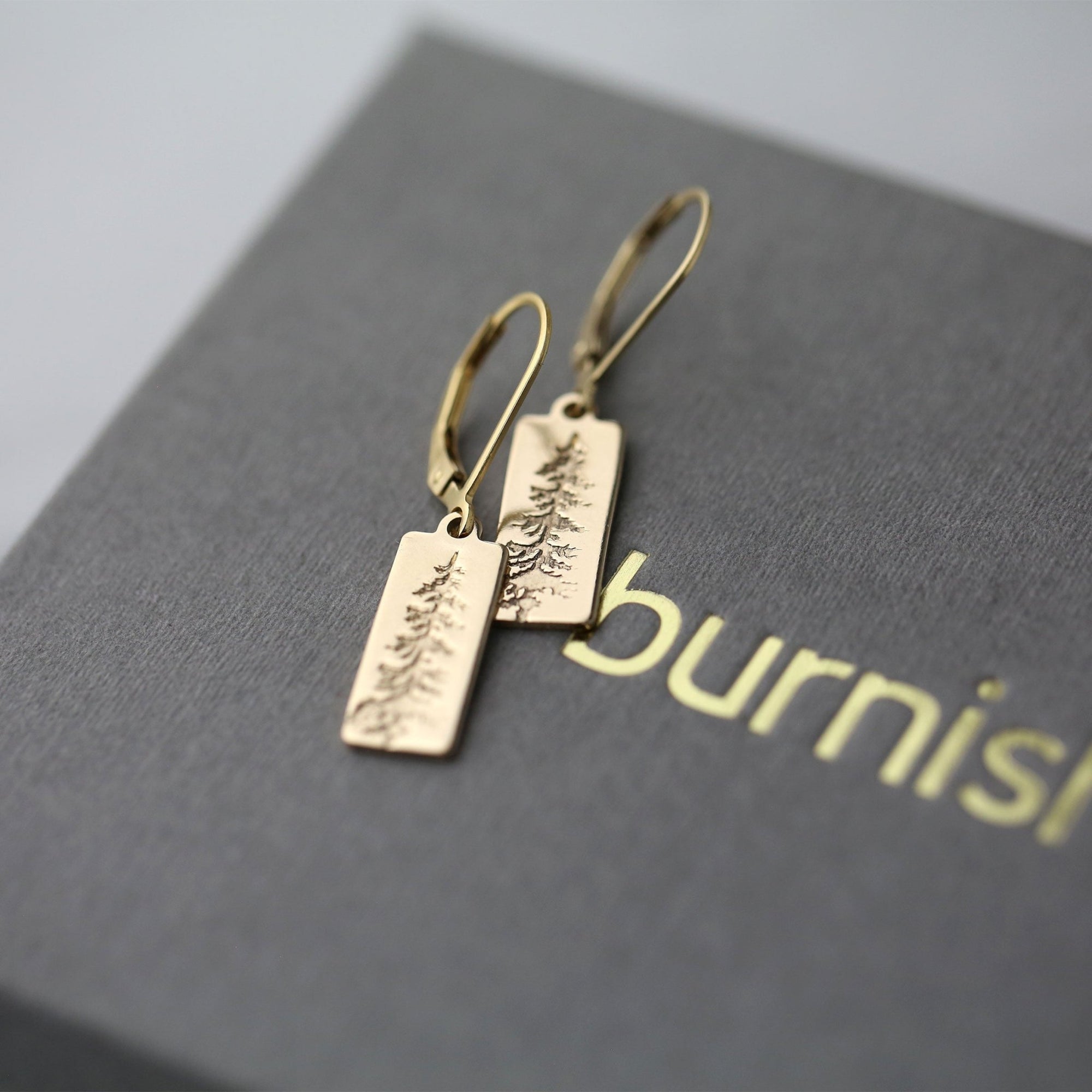Evergreen Tree Tag Earrings jewelry handmade by Burnish