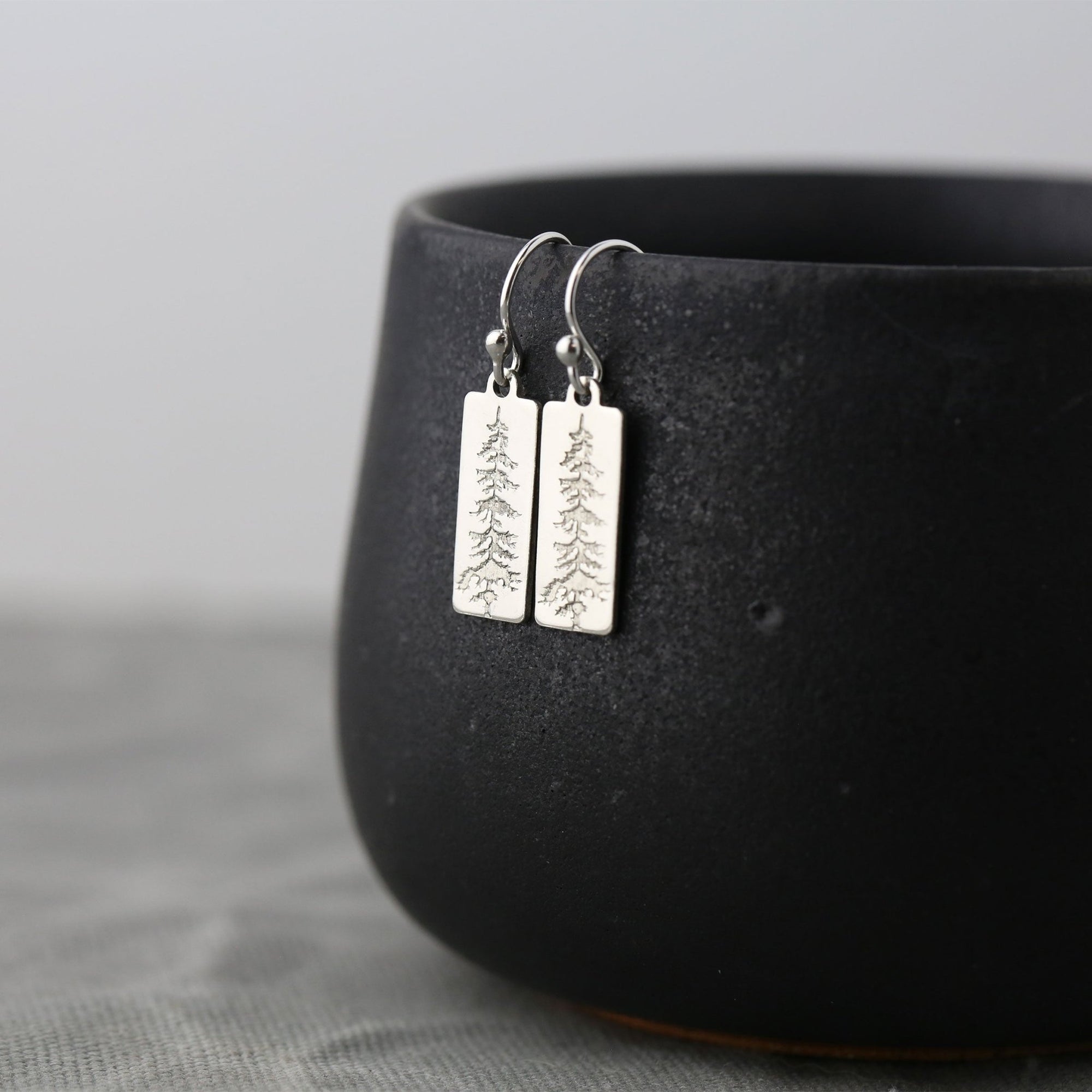 Evergreen Tree Tag Earrings jewelry handmade by Burnish