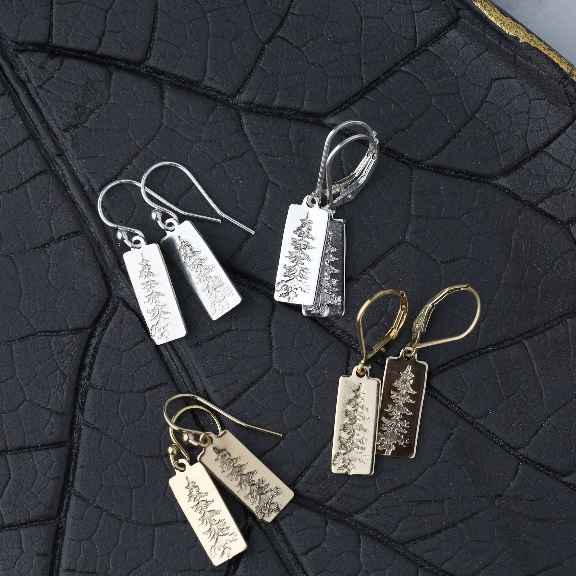 Evergreen Tree Tag Earrings jewelry handmade by Burnish