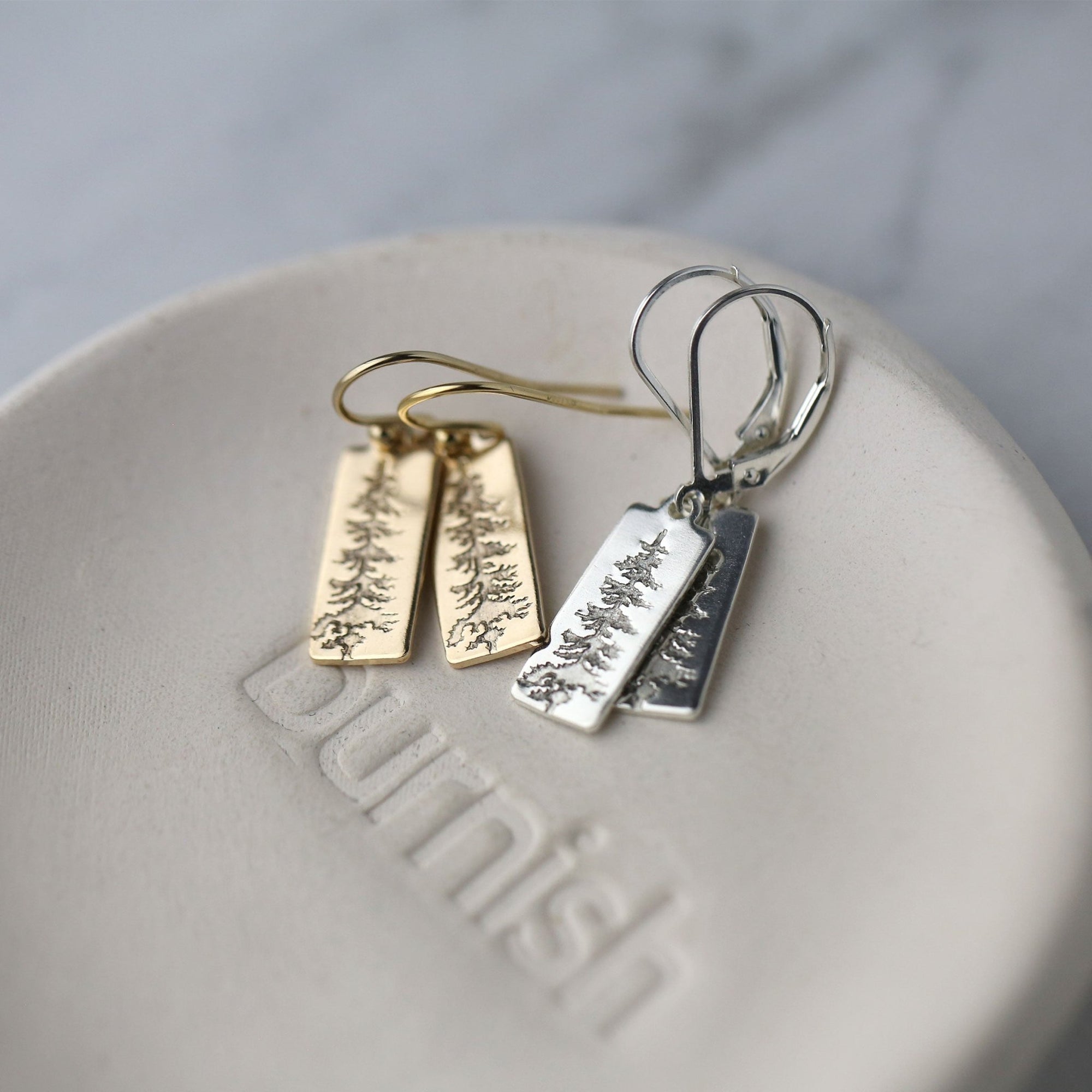 Evergreen Tree Tag Earrings jewelry handmade by Burnish
