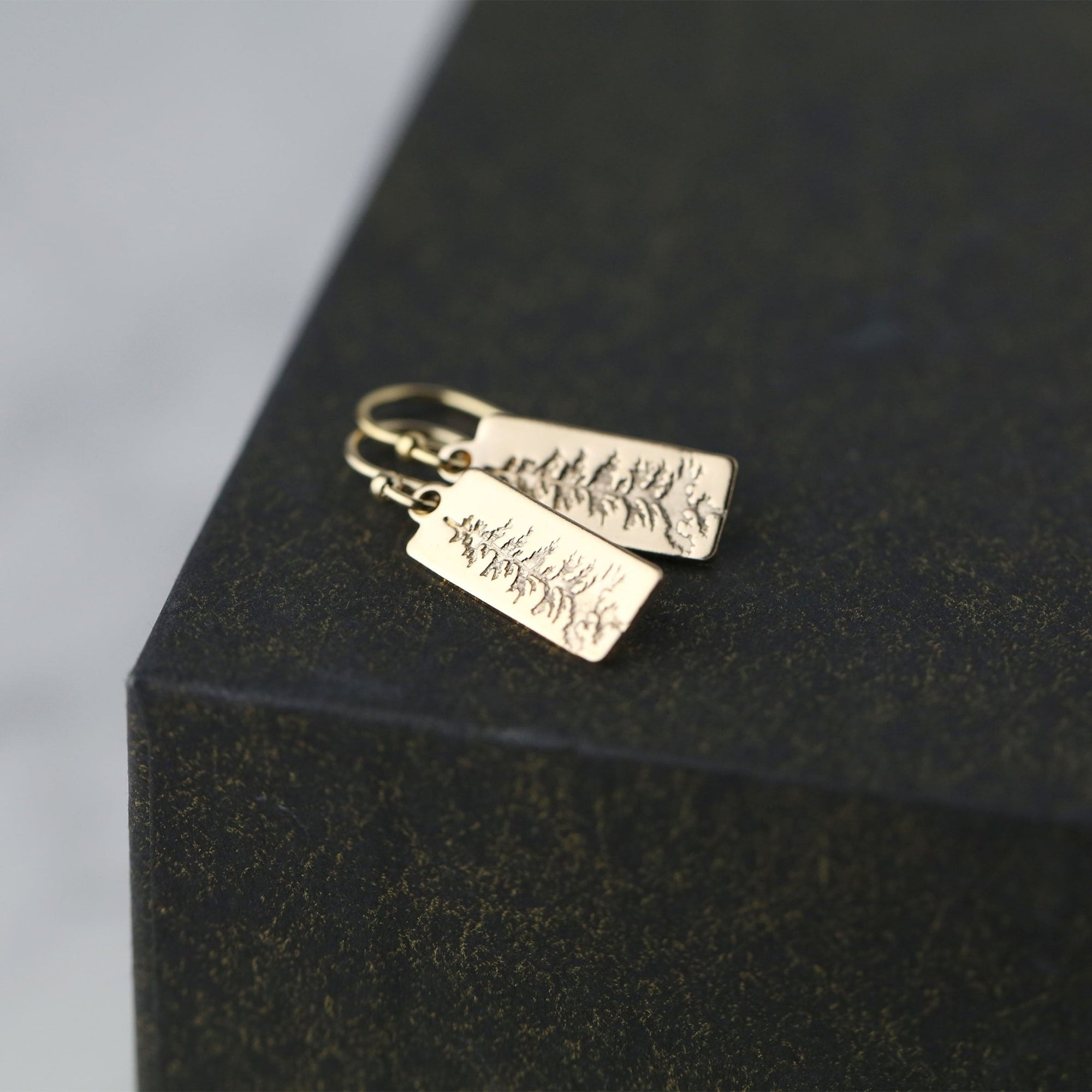 Evergreen Tree Tag Earrings jewelry handmade by Burnish