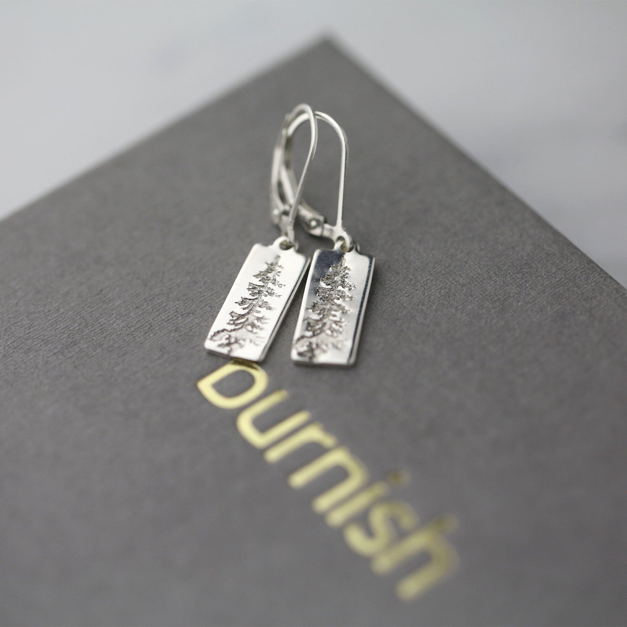 Evergreen Tree Tag Earrings jewelry handmade by Burnish