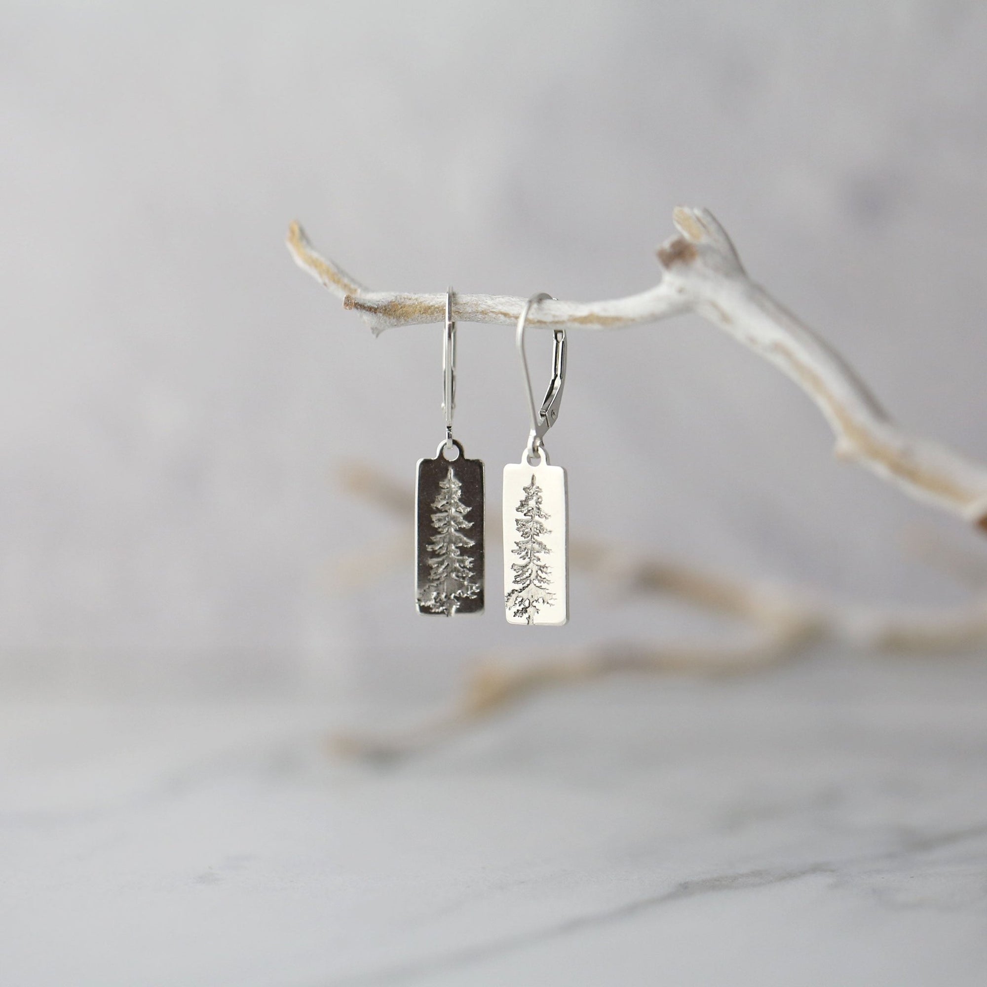Evergreen Tree Tag Earrings jewelry handmade by Burnish