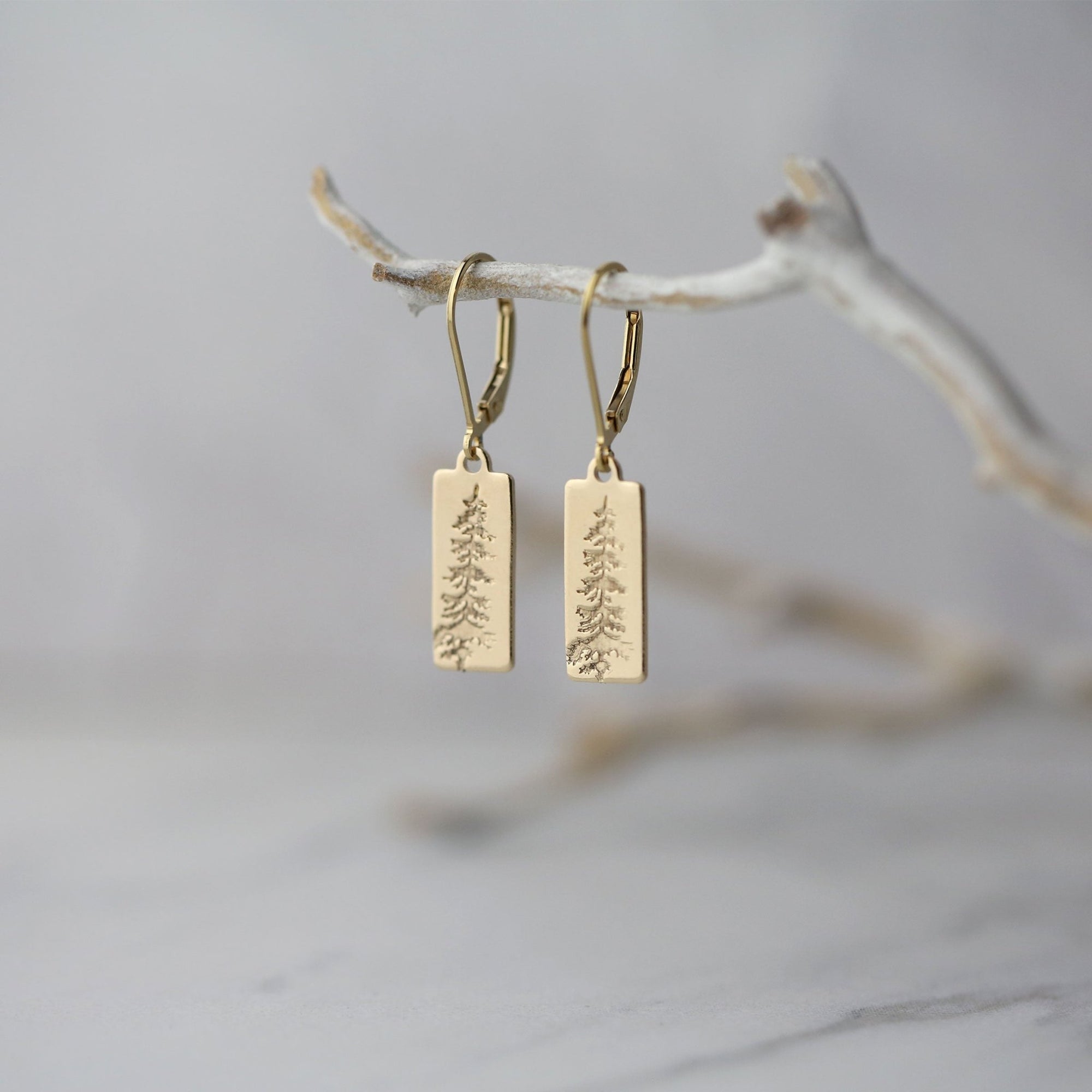 Evergreen Tree Tag Earrings jewelry handmade by Burnish
