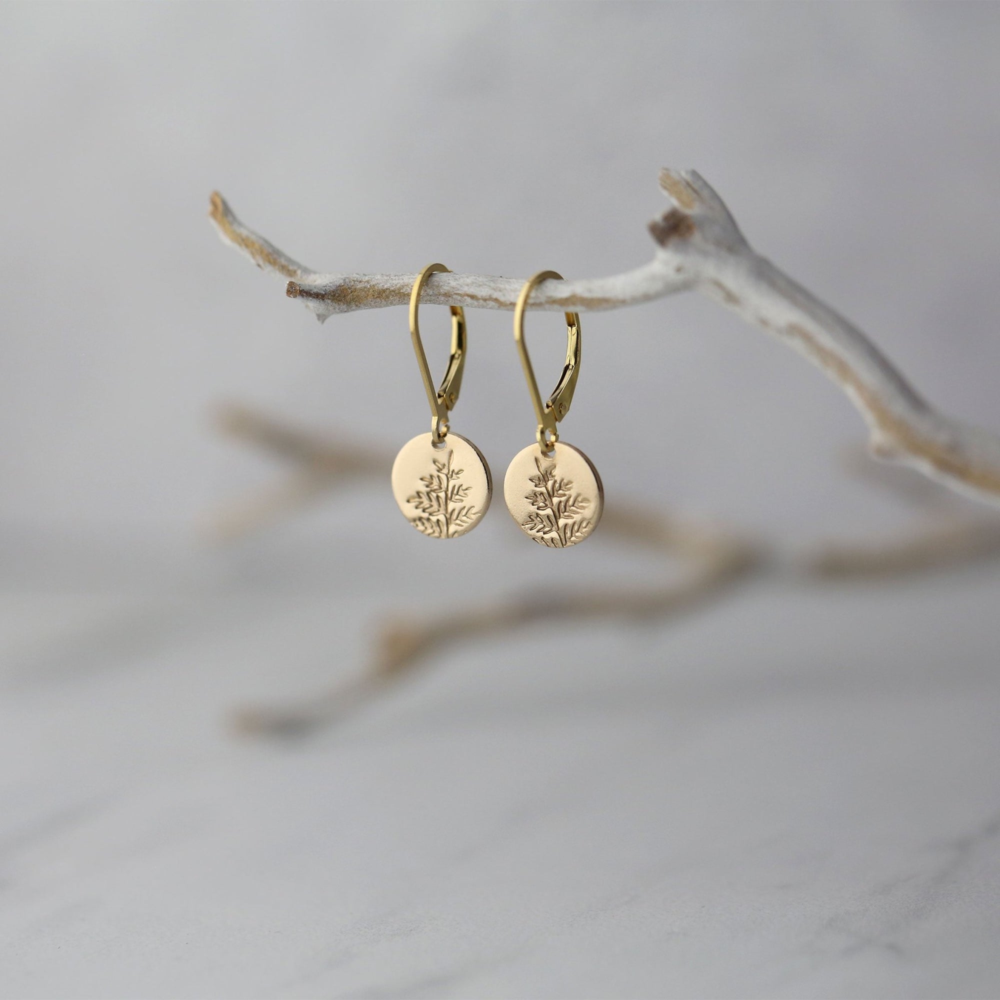 Gold Fern Tiny Disc Earrings